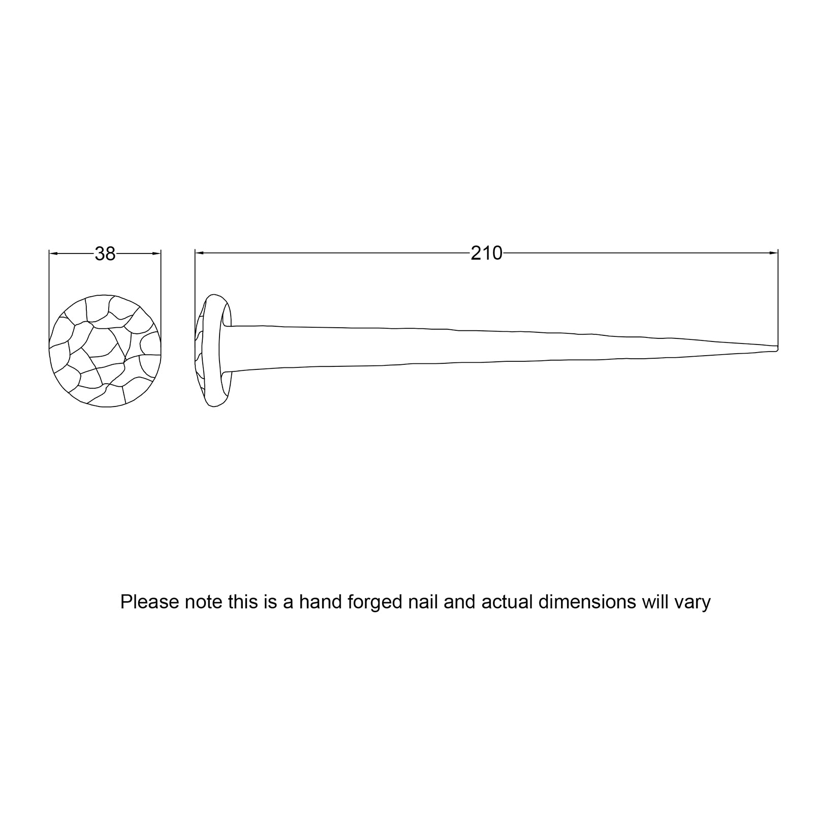 Dimension drawing for hand forged round head nail 200mm SHOW
