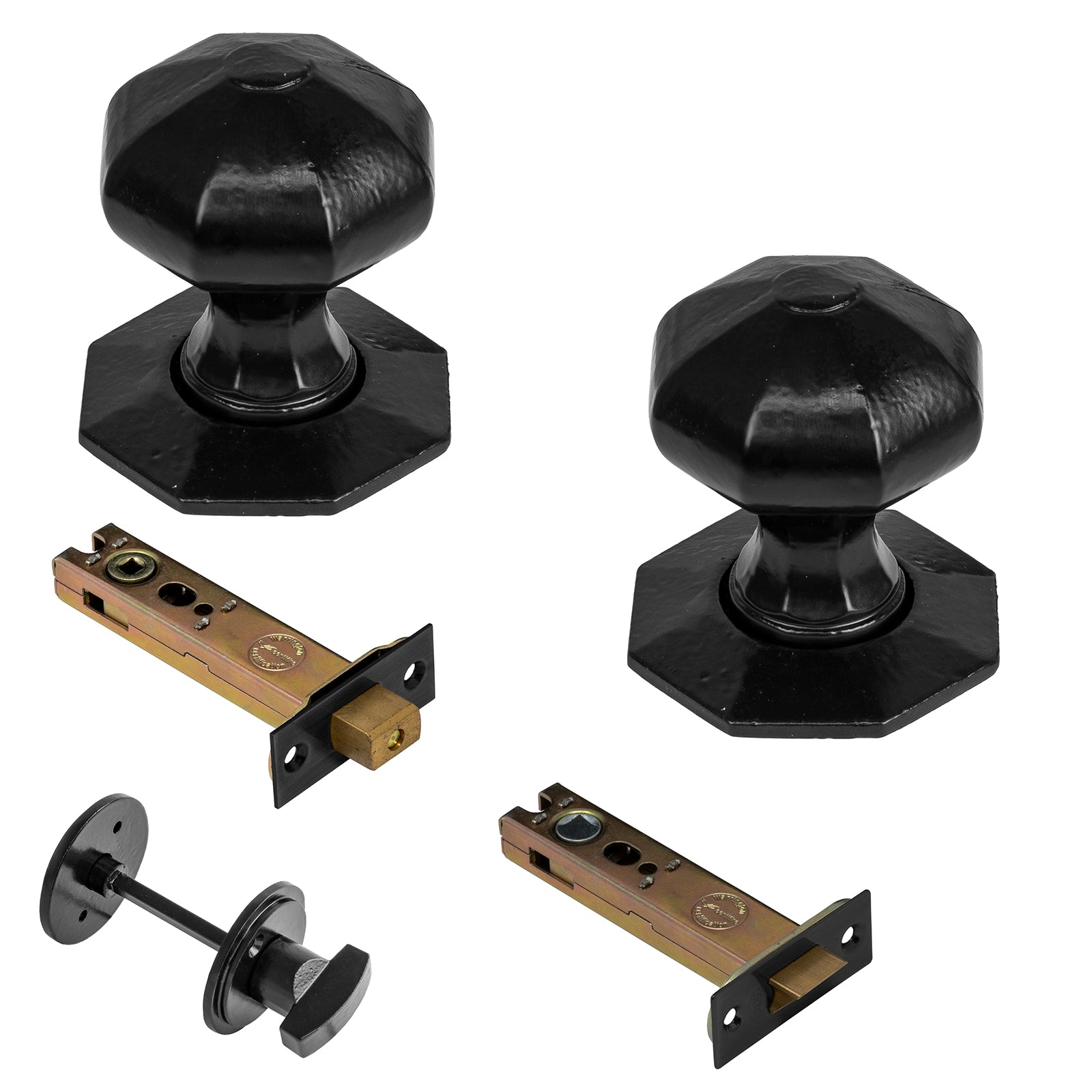 Octagonal black door knobs 4 inch bathroom set