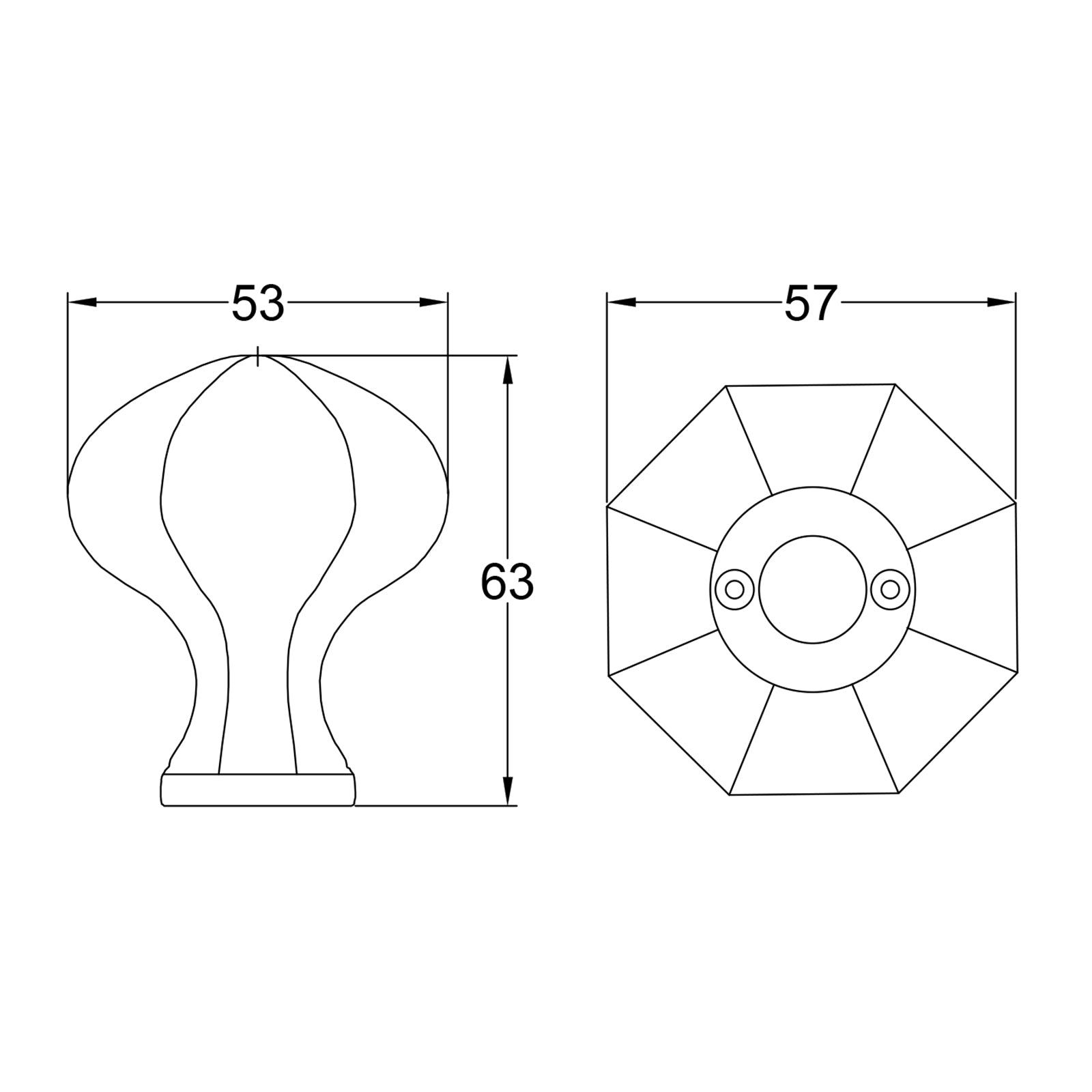 dimension drawing of octagonal door knob SHOW