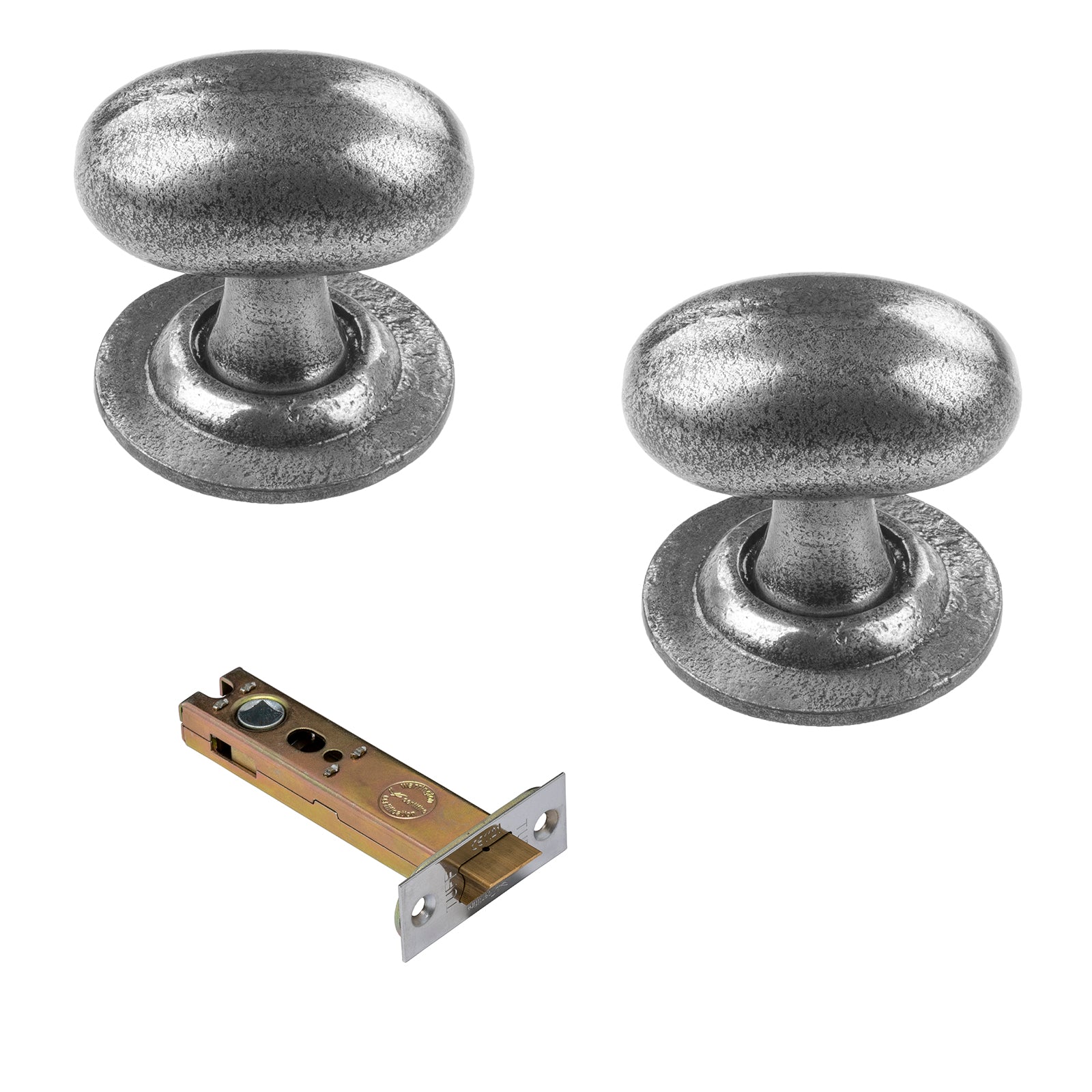 Oval cast iron pewter door knobs 4 inch latch set