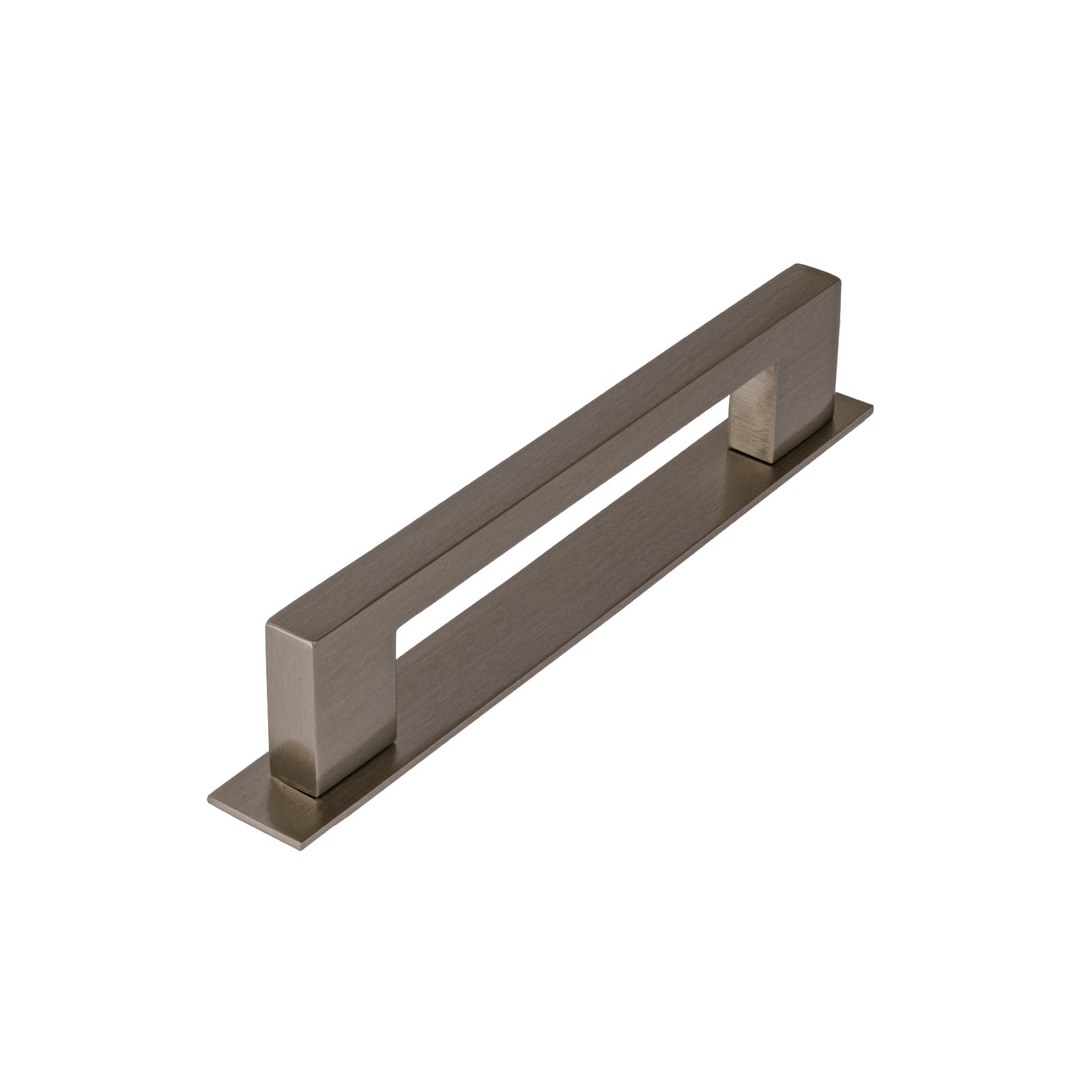 satin nickel geometric pull handle on backplate, modern kitchen pull handle