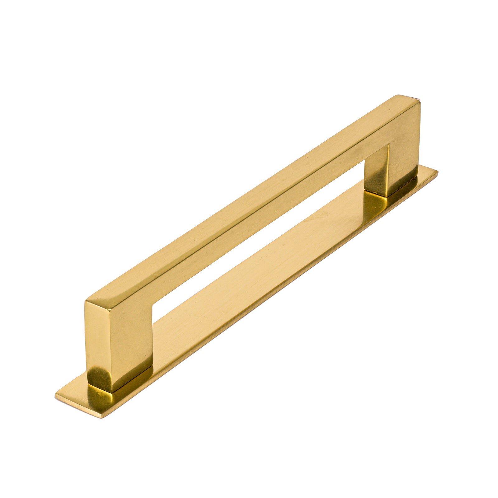 polished brass large rectangular pull handle, kitchen cupboard handle on backplate