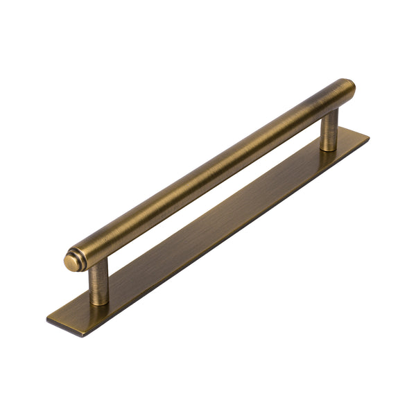 antique brass step pull handles on backplate, kitchen cupboard handles SHOW