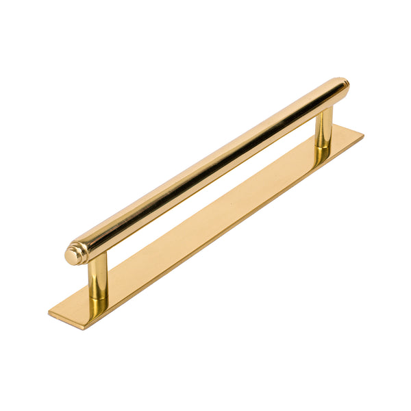 polished brass step pull handles on backplate, kitchen cupboard handles SHOW