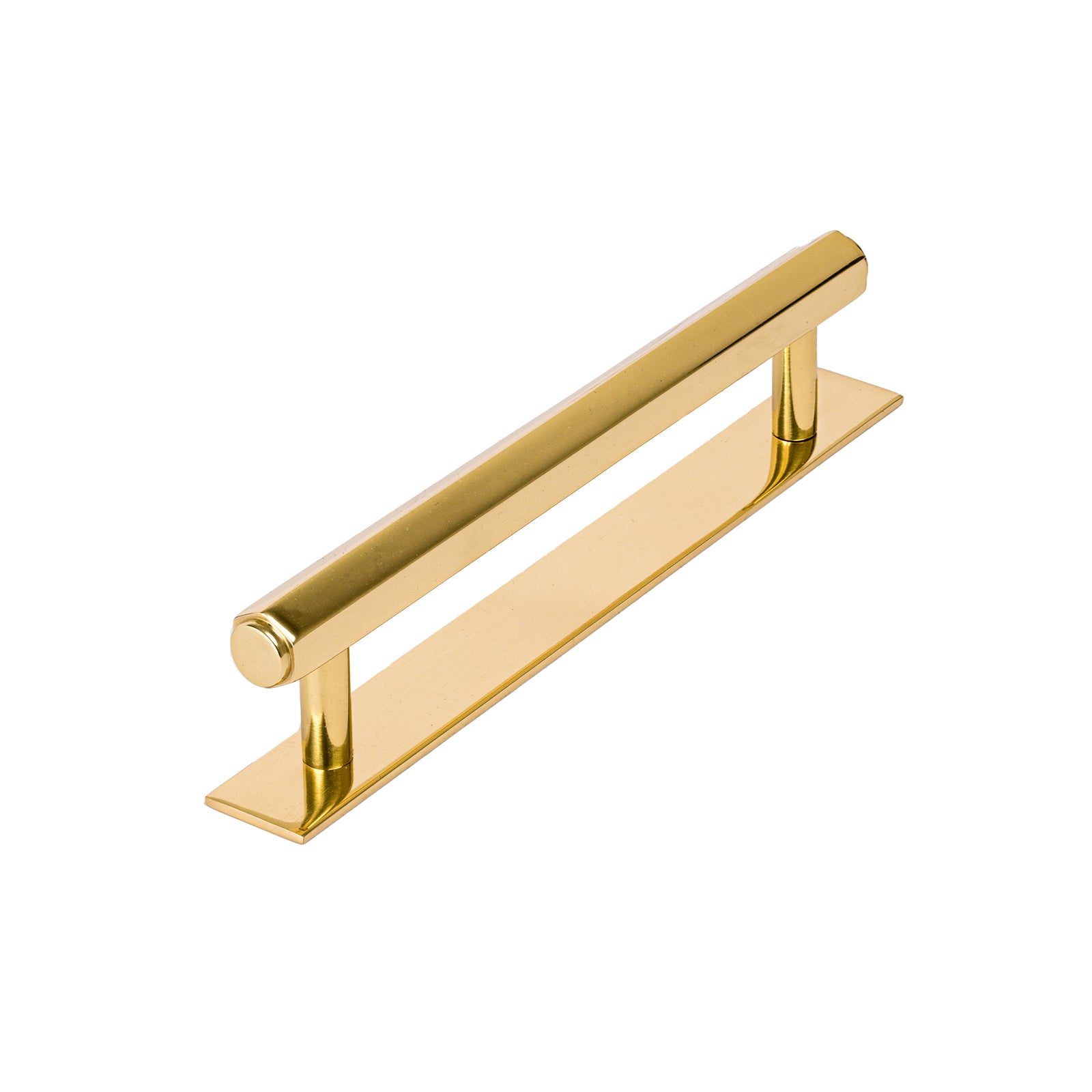 polished brass pull handle on backplate, hexagonal pull, kitchen cupboard handle