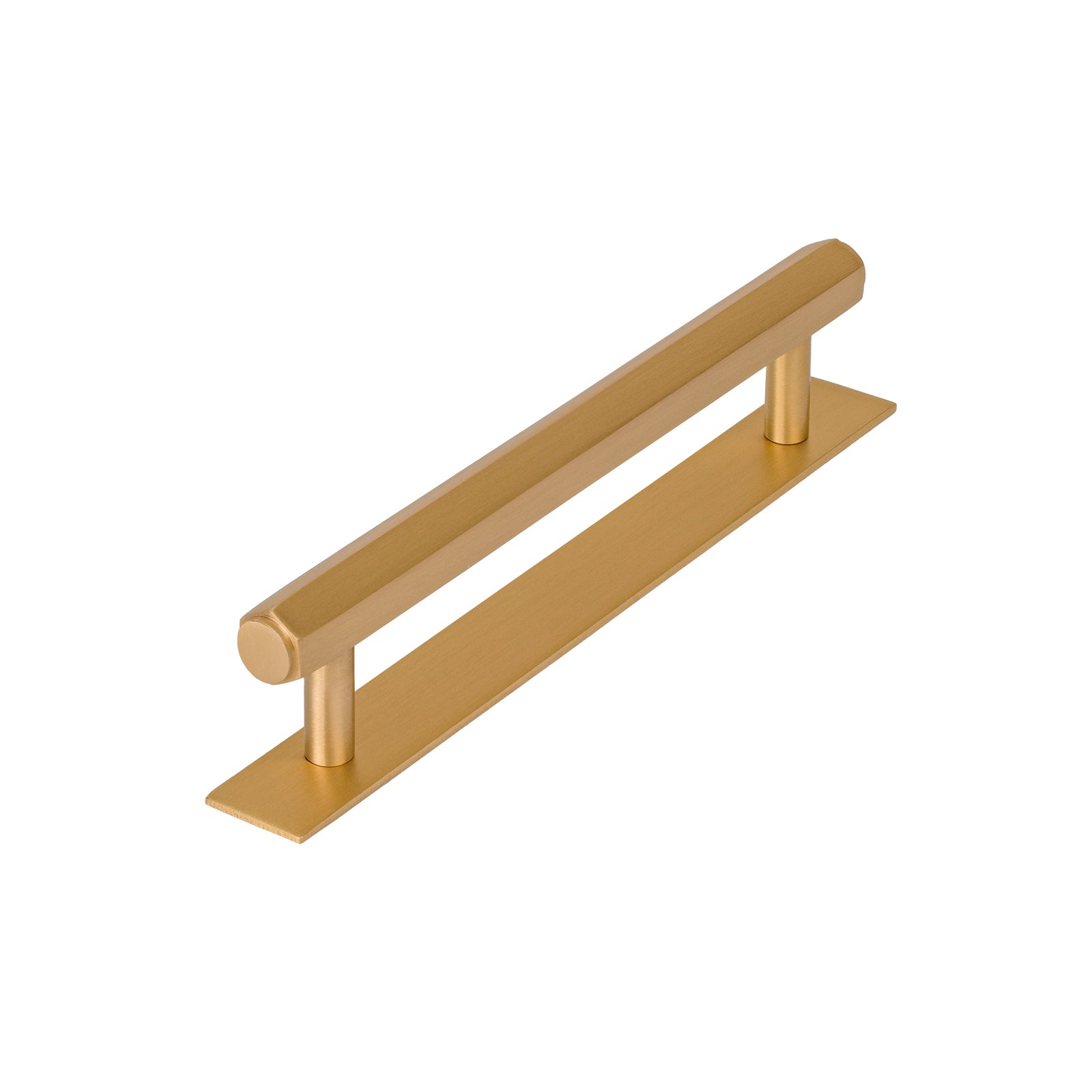 satin brass pull handle on backplate, hexagonal pull, brass kitchen  handle