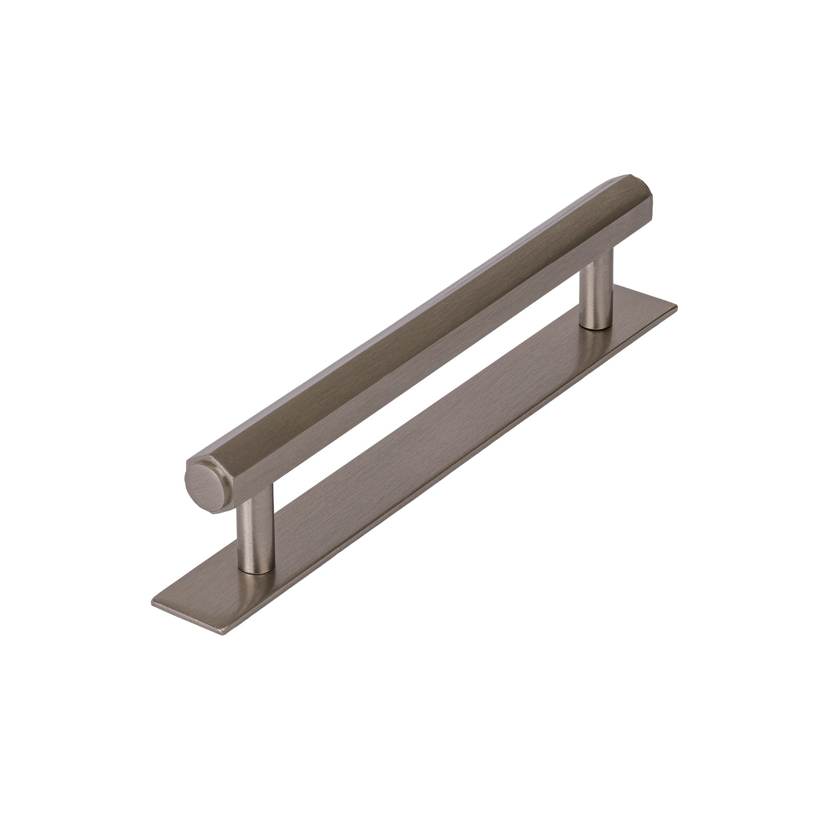 satin nickel pull handle on backplate, hexagonal pull