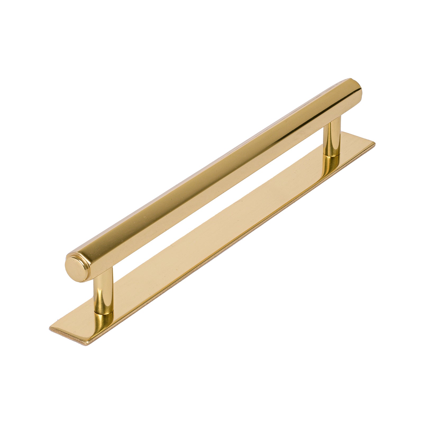 polished brass pull handle on backplate, hexagonal pull, large pull handle