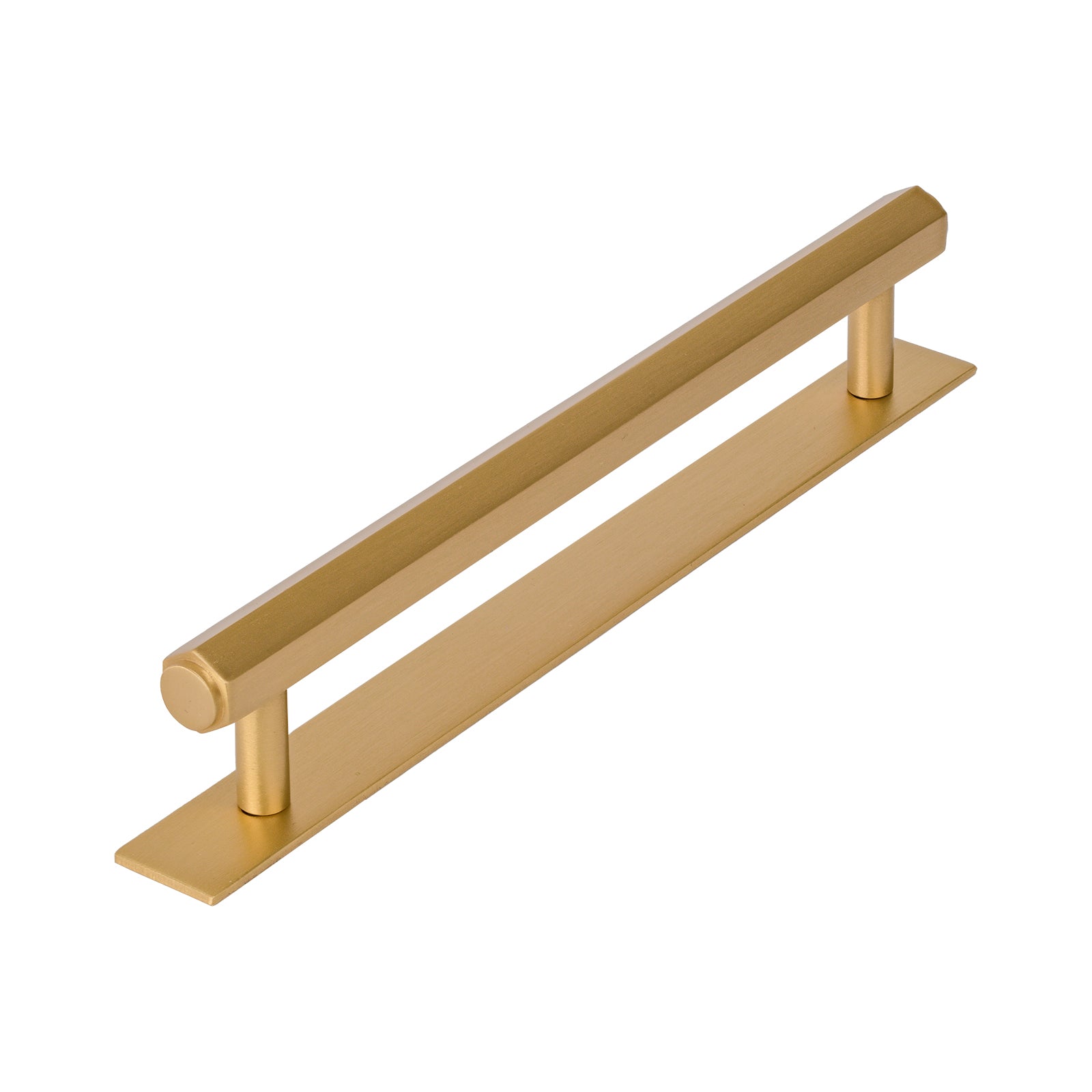 satin brass pull handle on backplate, hexagonal pull, large pull handle