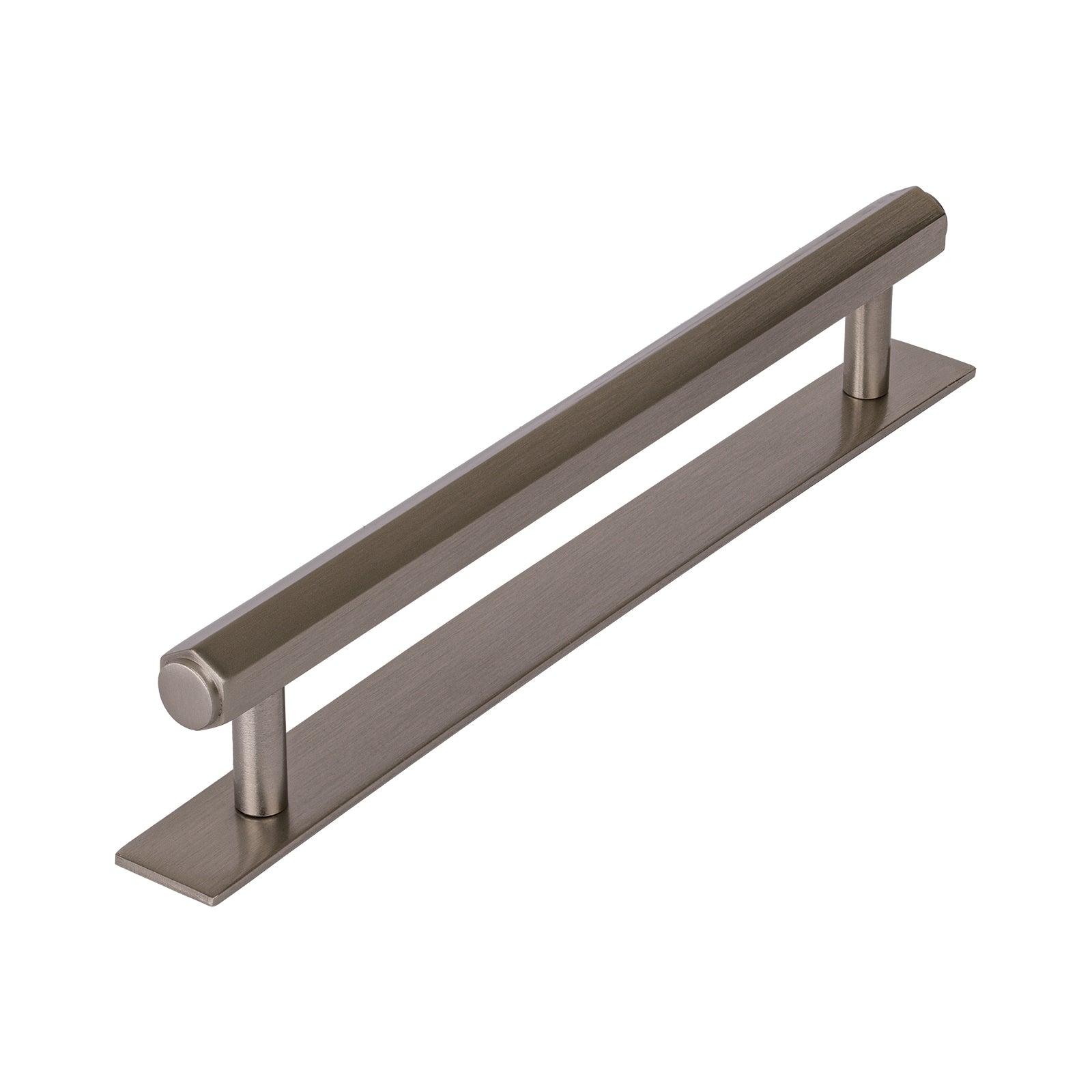 satin nickel pull handle on backplate, hexagonal pull, large pull handle