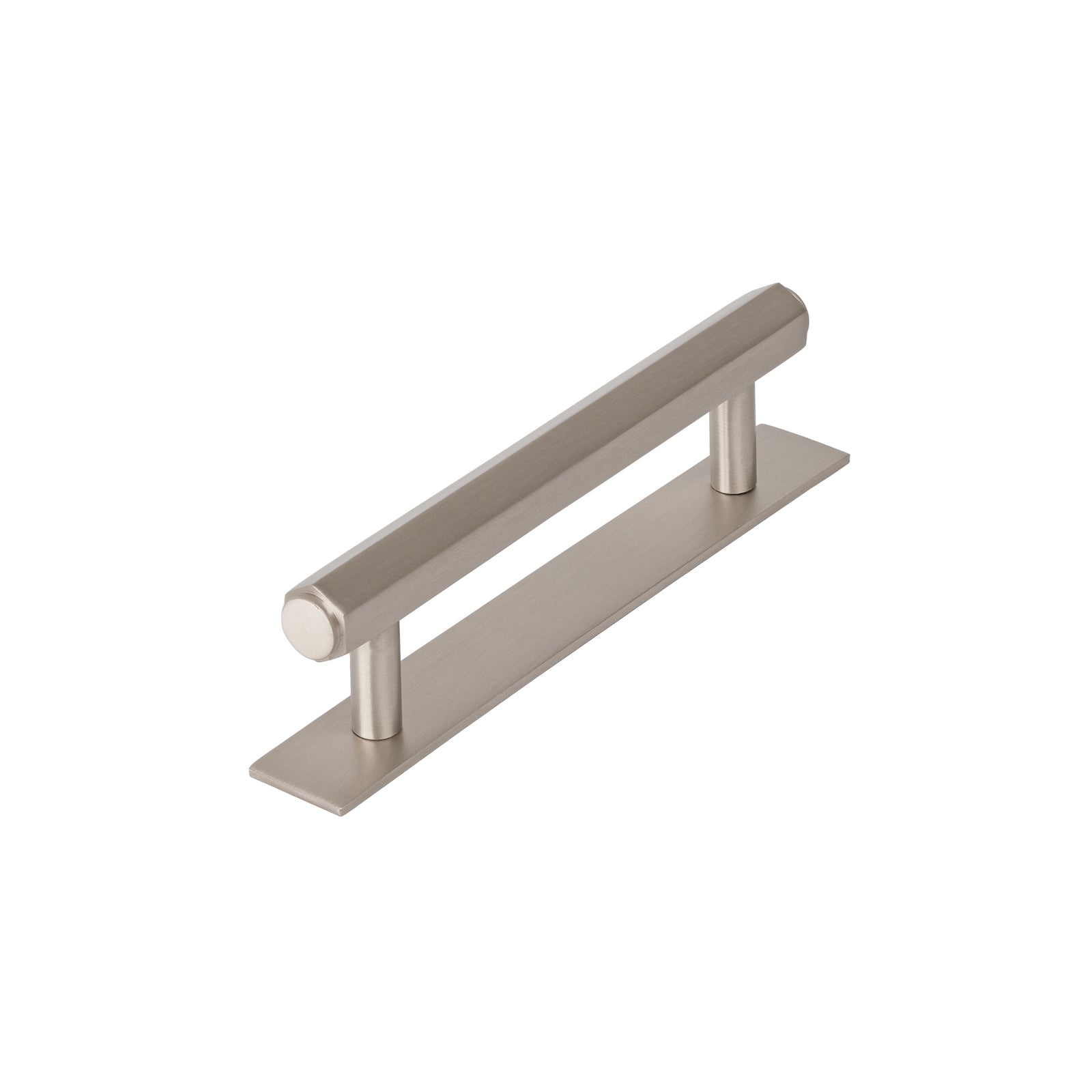 satin nickel pull handle on backplate, hexagonal bar handle SHOW