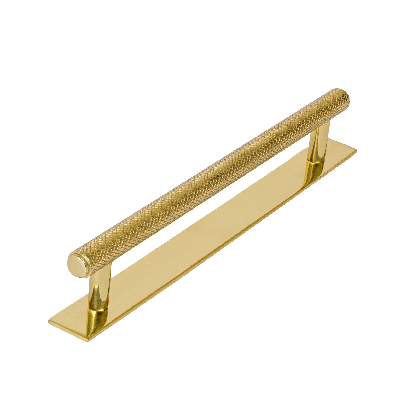 polished brass cupboard handles, large knurled pull handle, kitchen pull handles on backplate