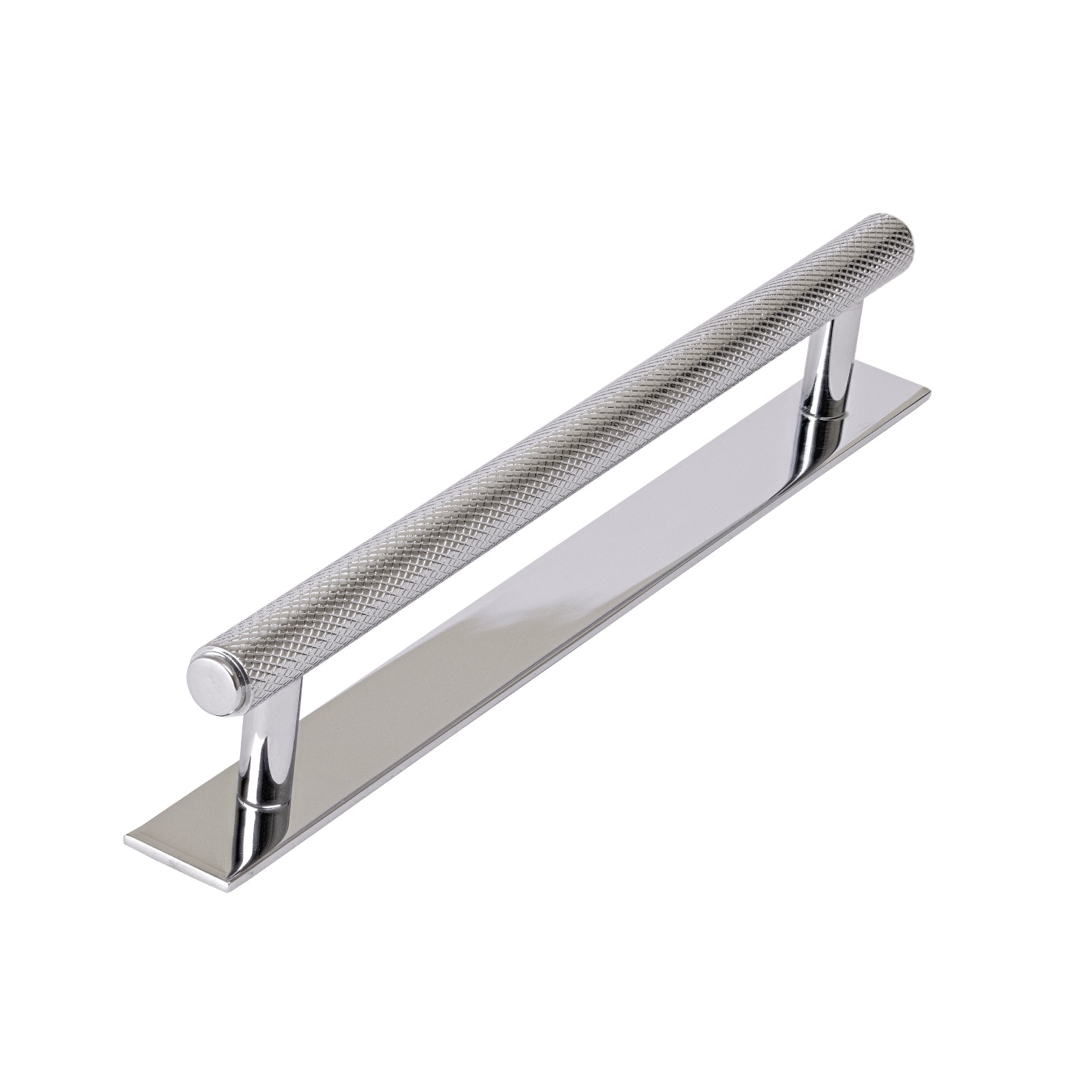 chrome cupboard handles, large knurled pull handle, kitchen pull handles on backplate