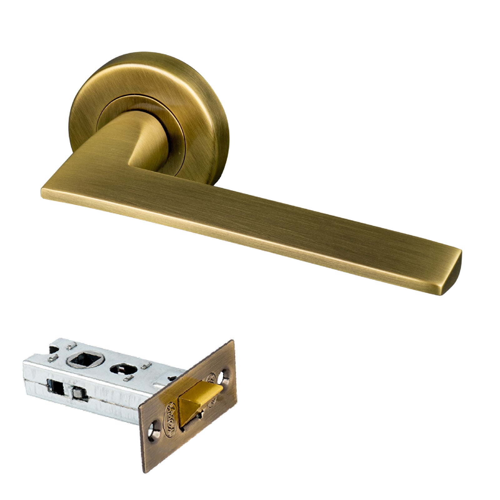 aged brass Pyramid round rose lever handles with 2.5 inch tubular latch set