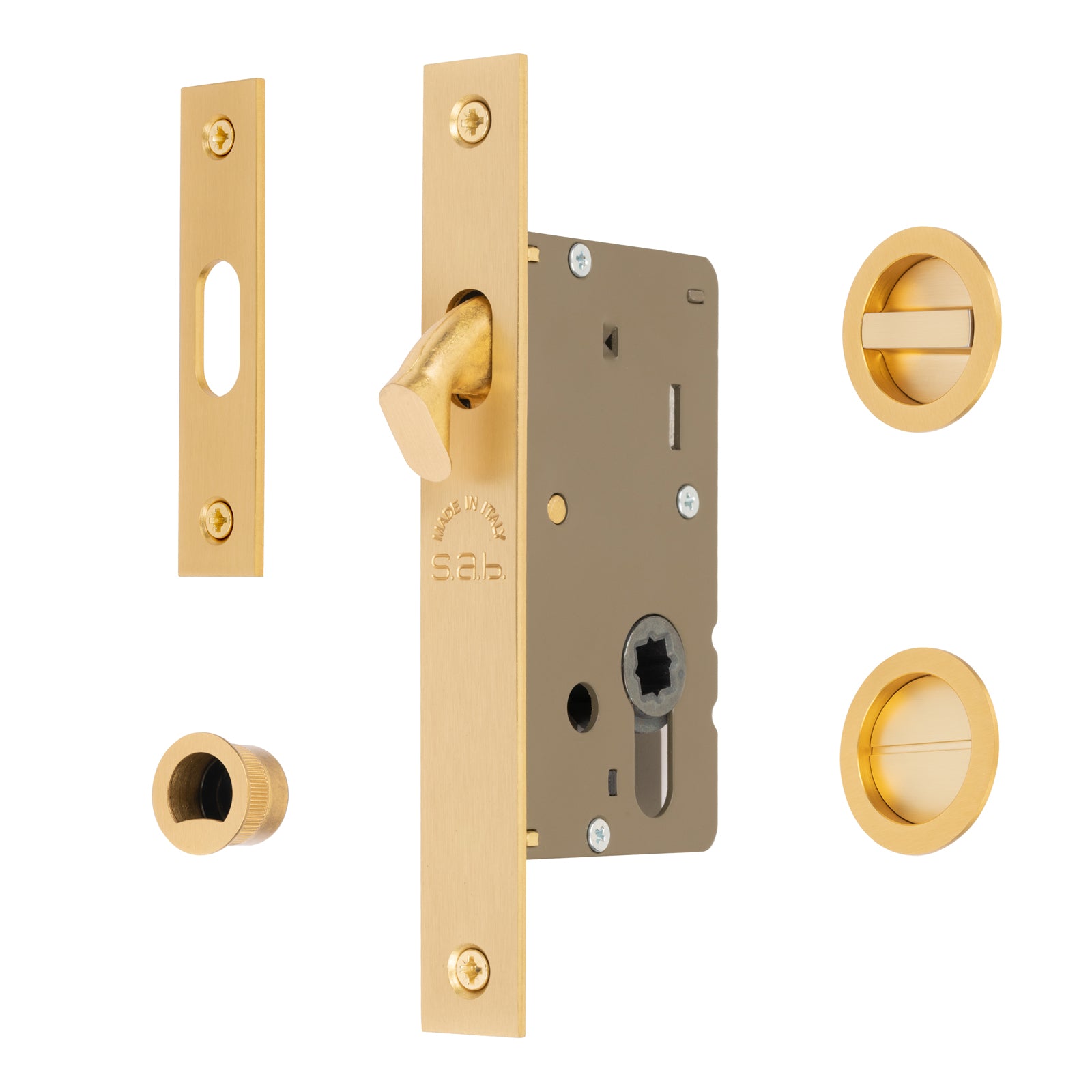 sliding door lock set with sash lock, turn and release and finger pull ring, SHOW