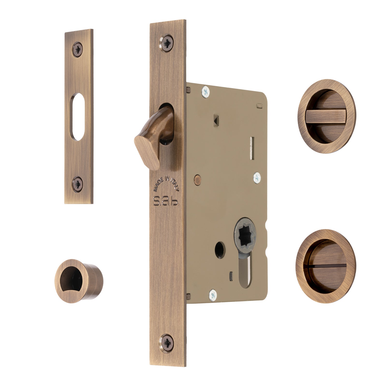 pocket door privacy lock set in antique brass