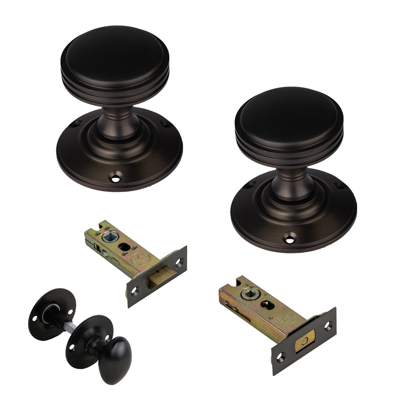 Richmond Door Knob on Rose with Matt Bronze 3 inch bathroom set