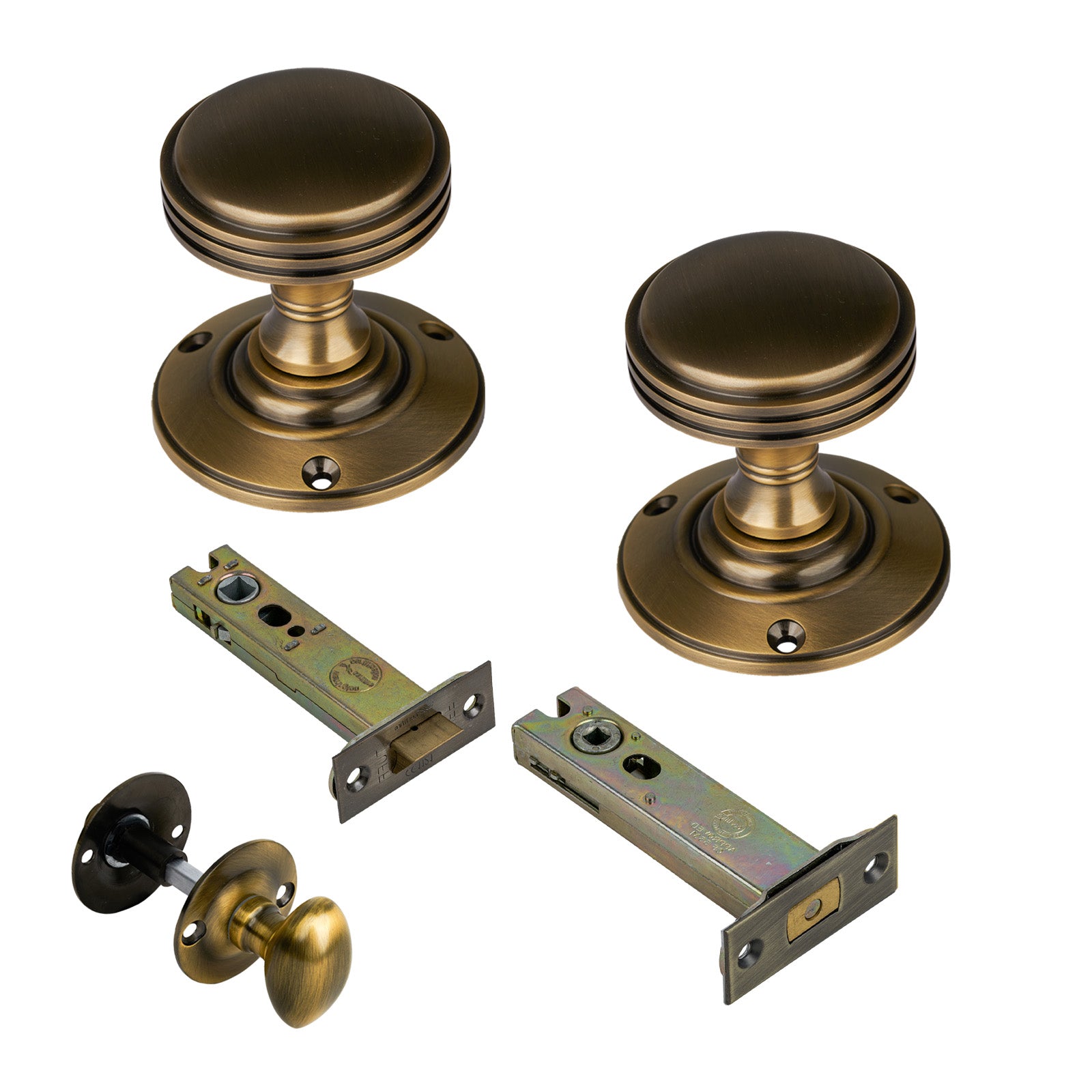 Richmond Door Knob on Rose with Aged Brass 4 inch bathroom set