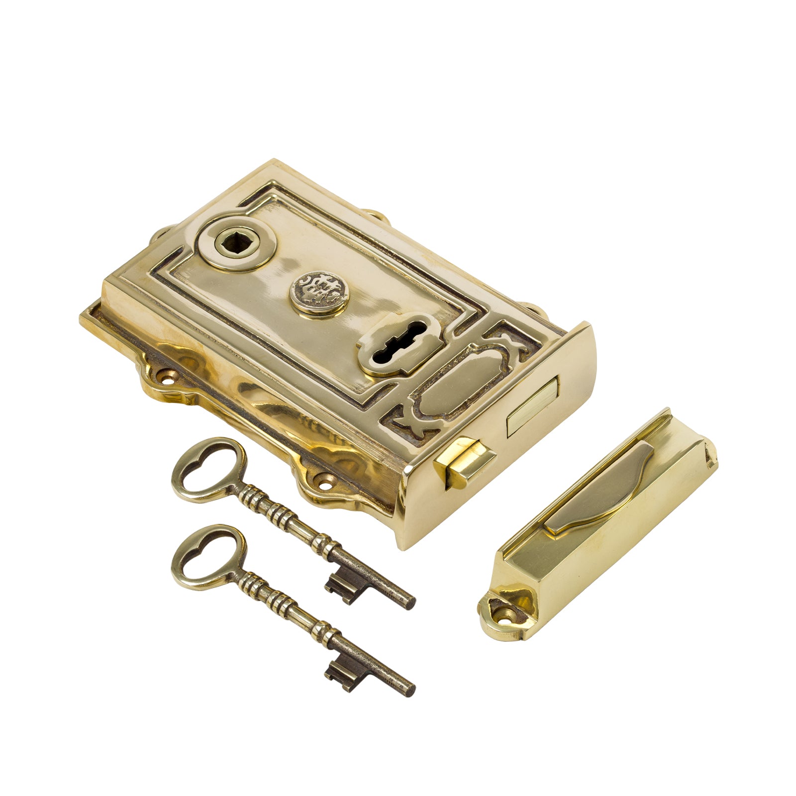 Ornate Brass Rim Lock with matching Keeper and Two Keys