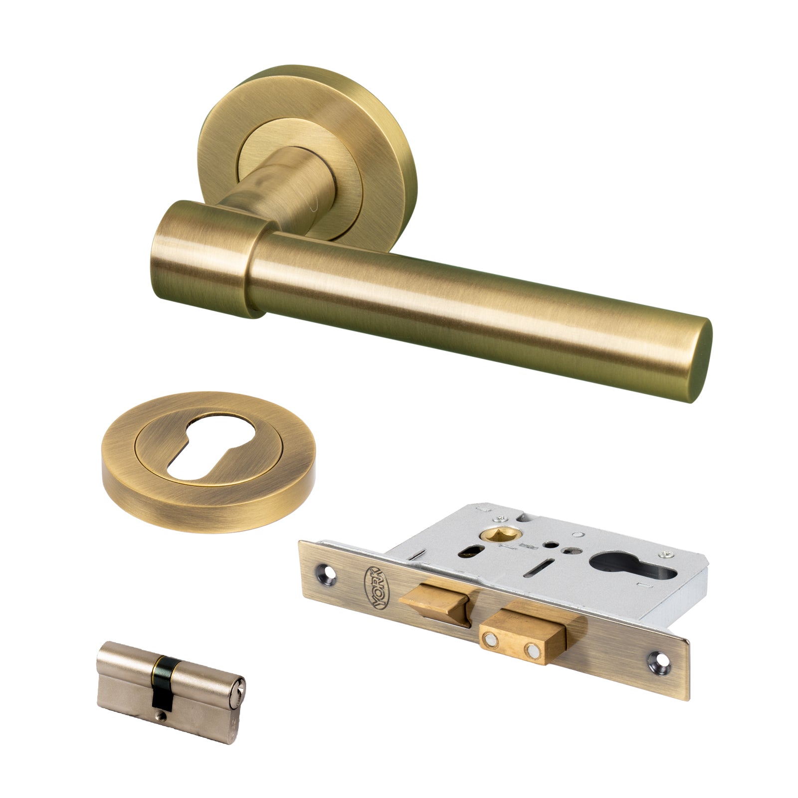 aged brass door handle on round rose Euro lock front door set