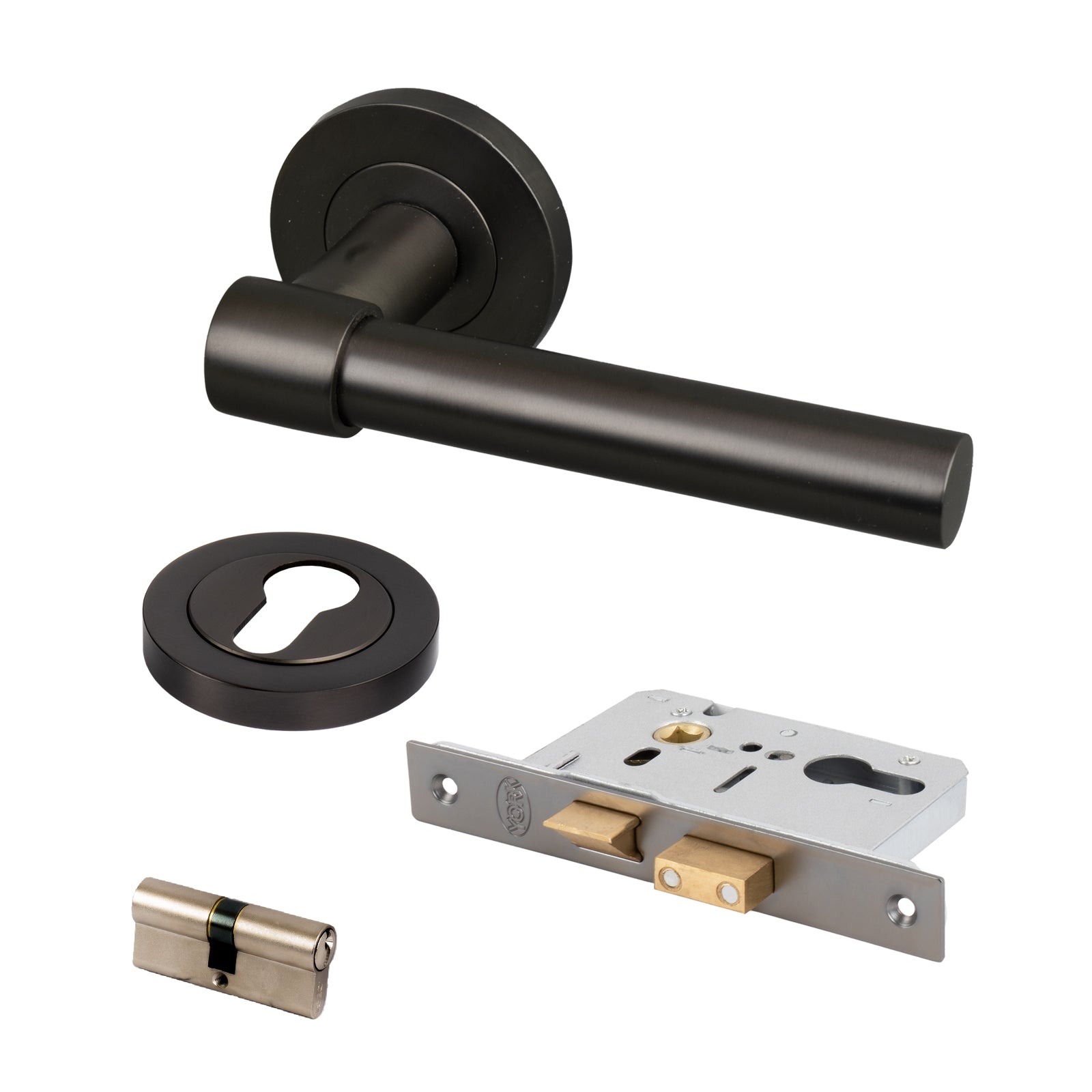 bronze door handle on round rose Euro lock front door set