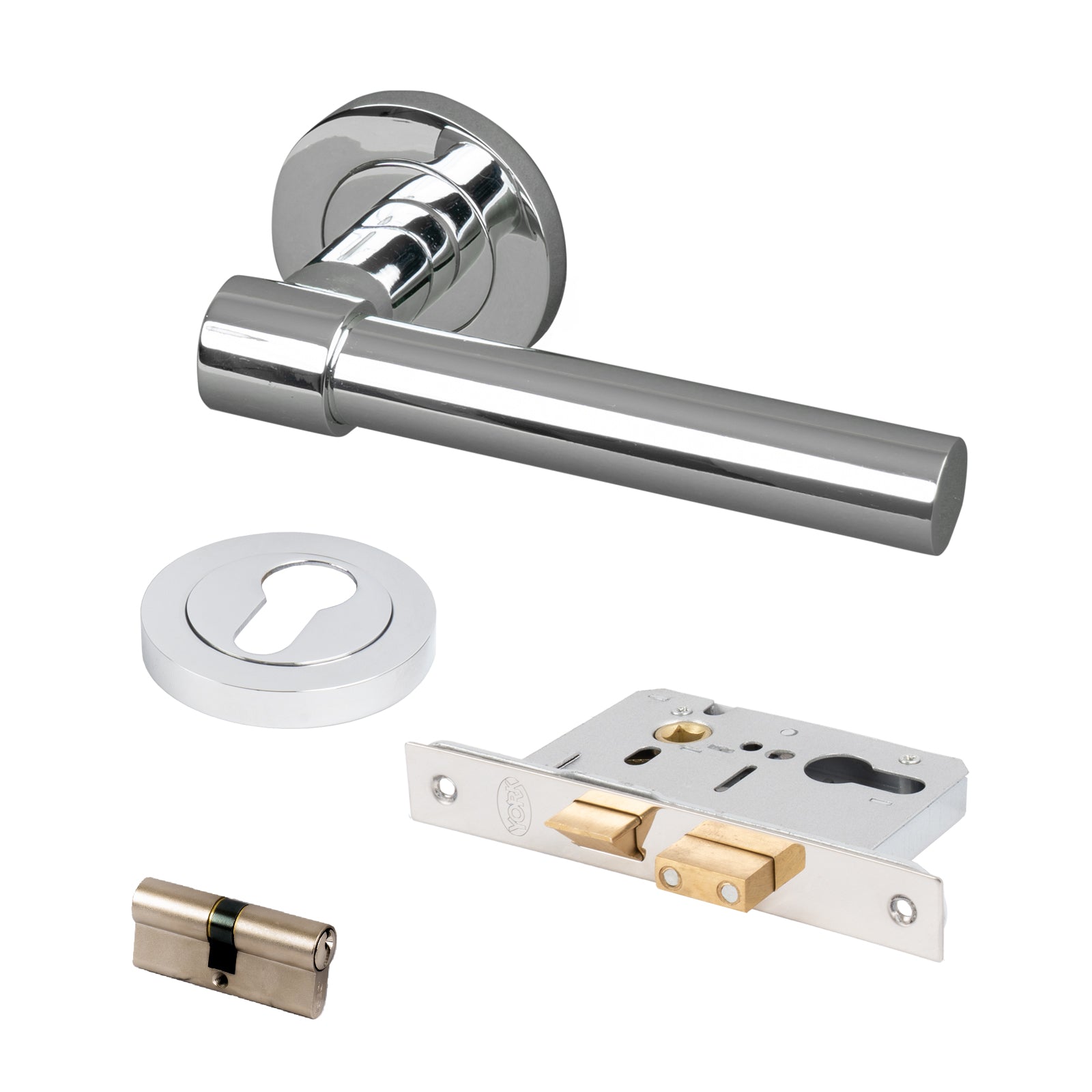 chrome door handle on round rose Euro lock front door set