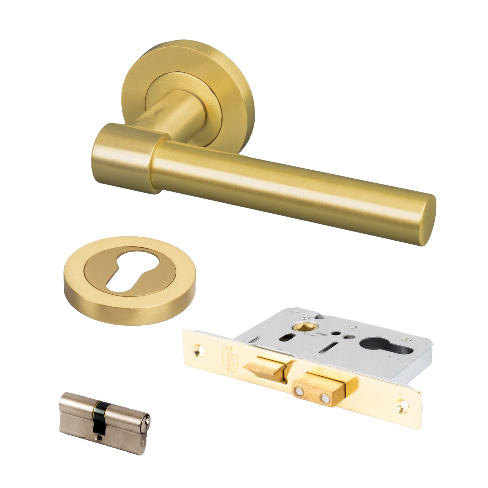 satin brass door handle on round rose Euro lock front door set