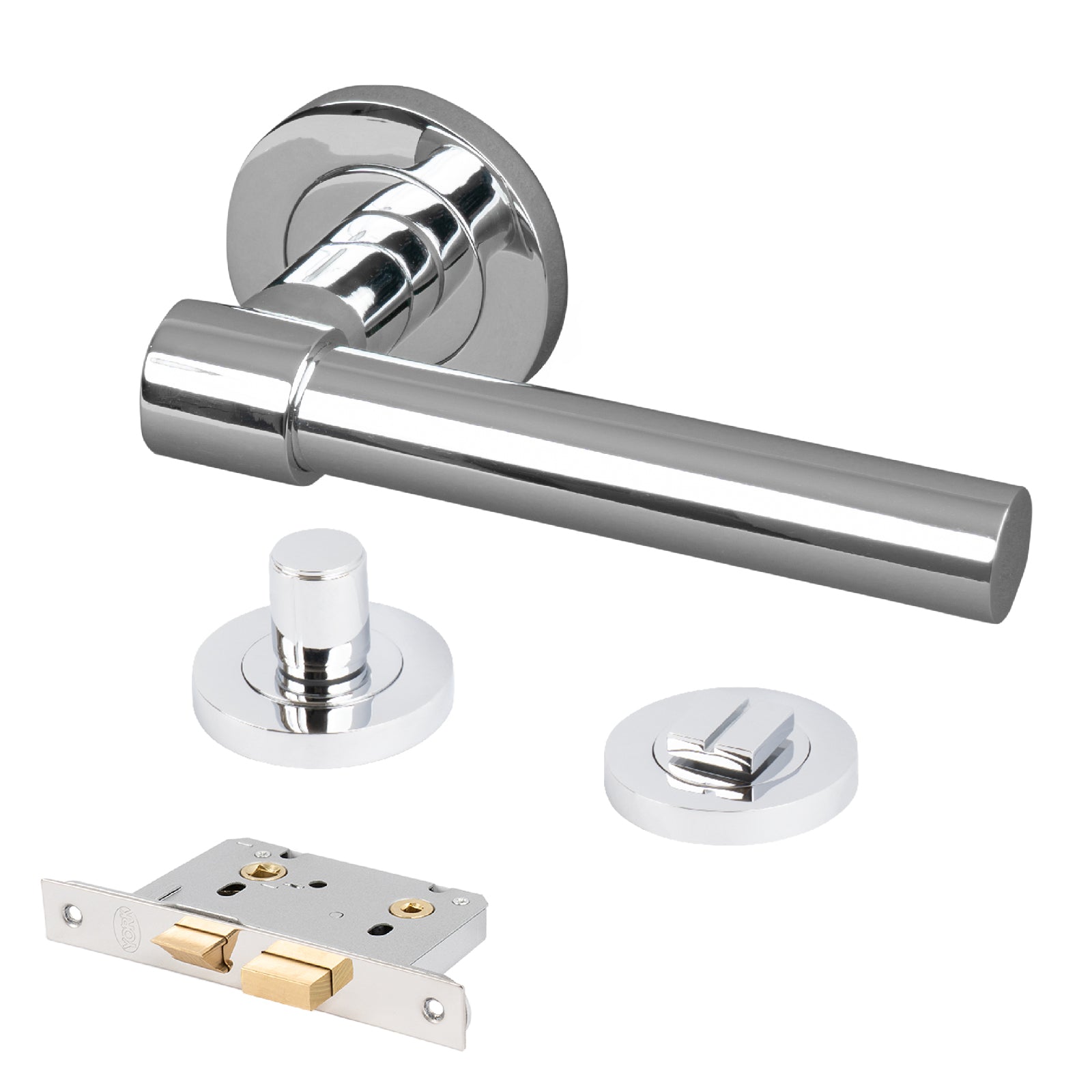 chrome door handle on round rose bathroom lock latch set