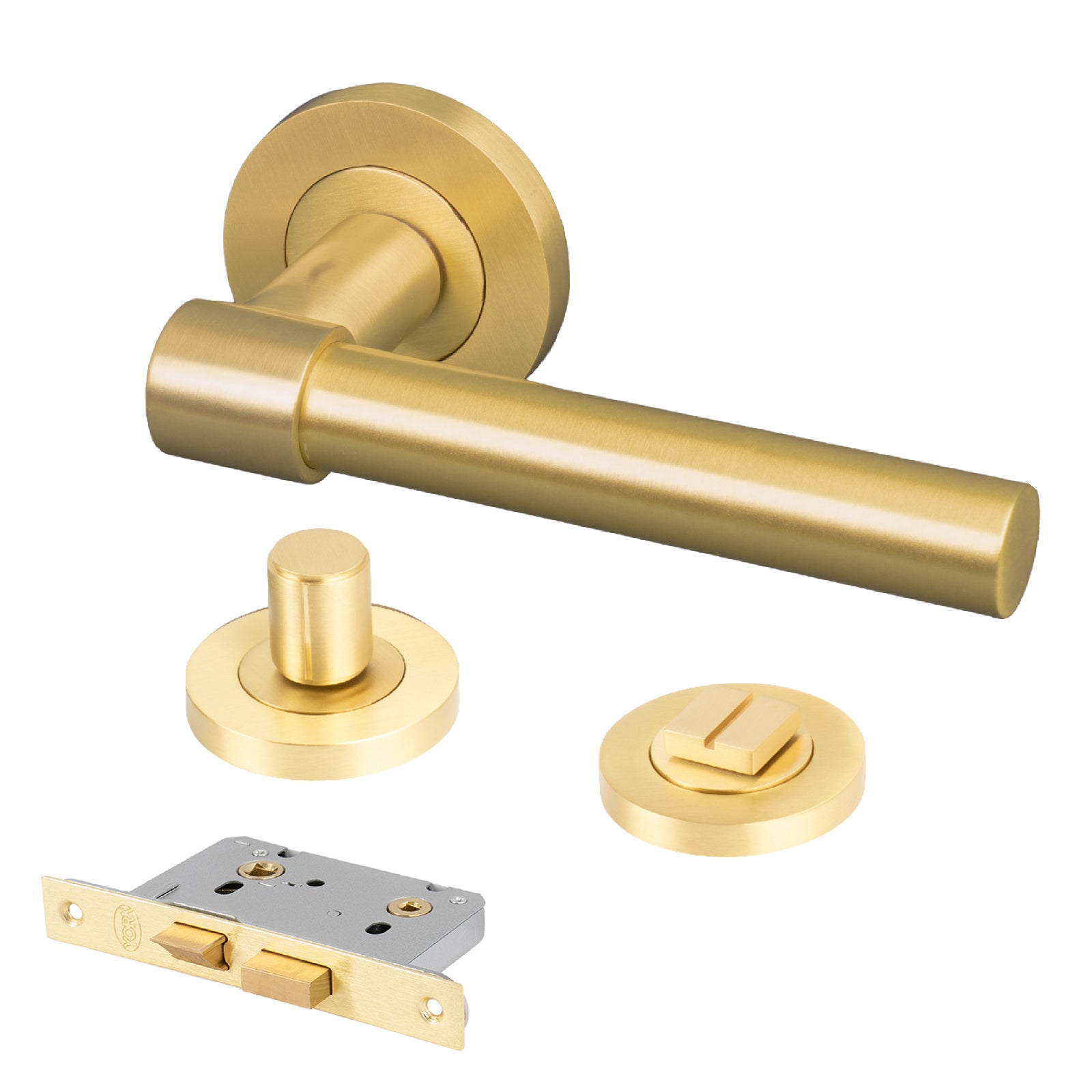 satin brass door handle on round rose bathroom lock latch set