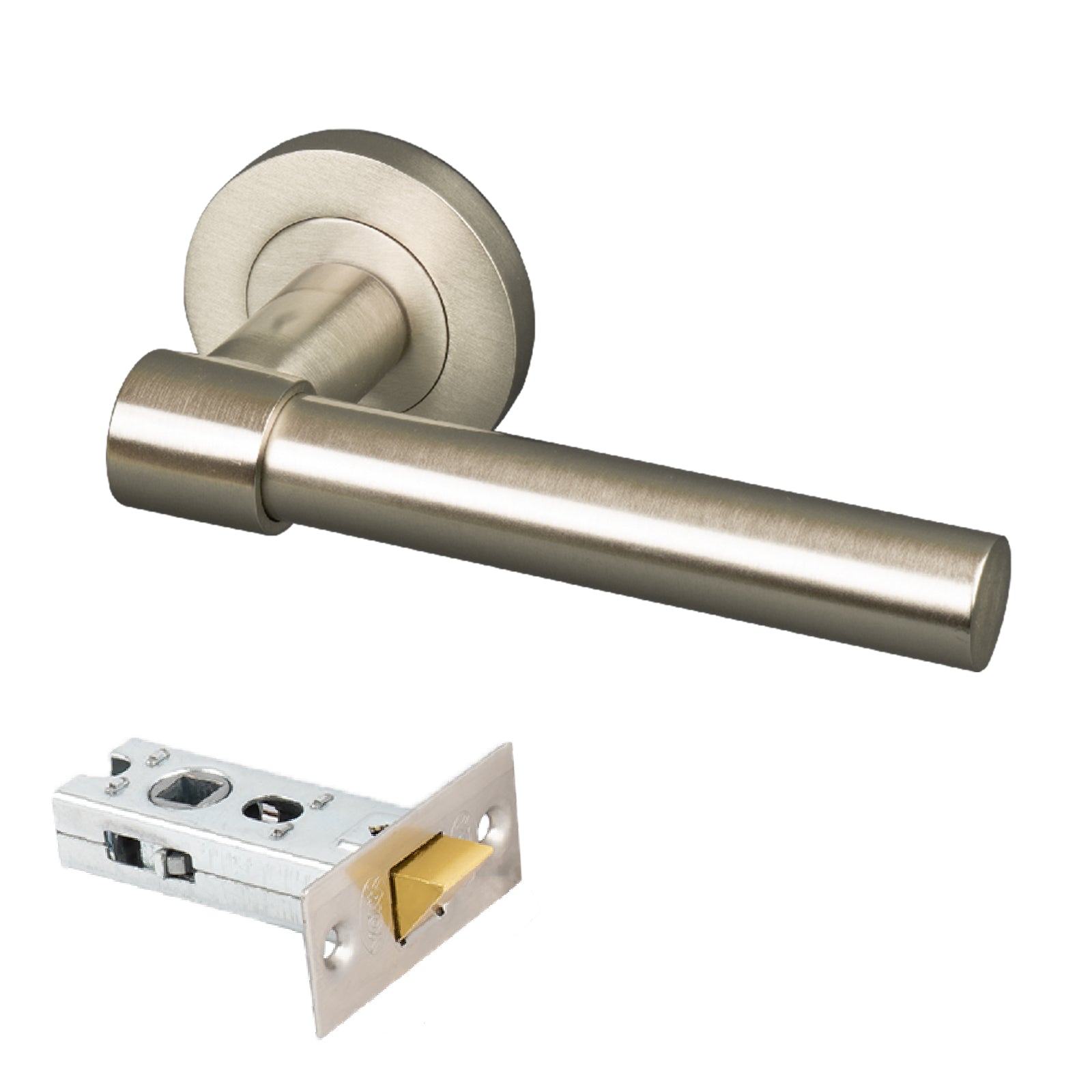 satin nickel door handle on round rose 2.5 inch latch set