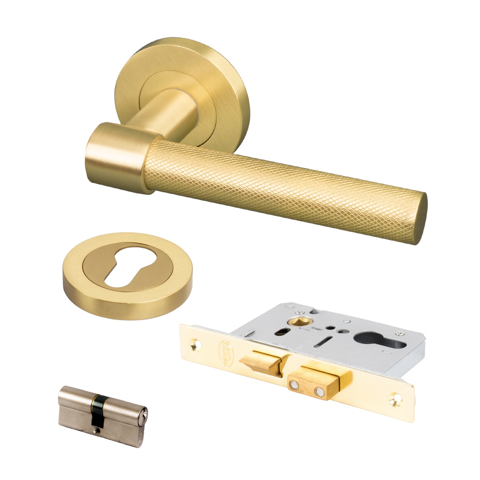 satin brass knurled lever on rose handles front door lock set