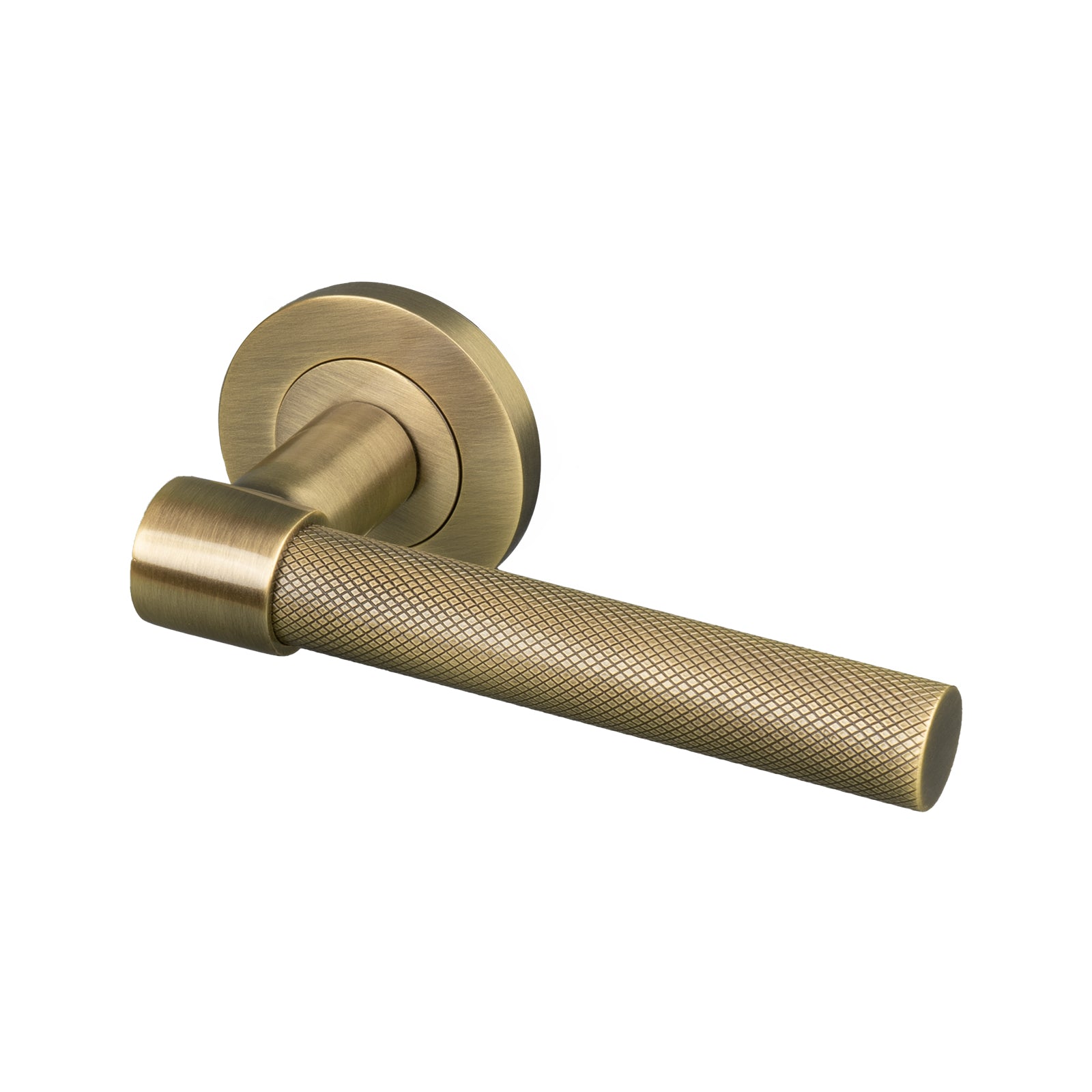 aged brass knurled lever on rose door handles SHOW