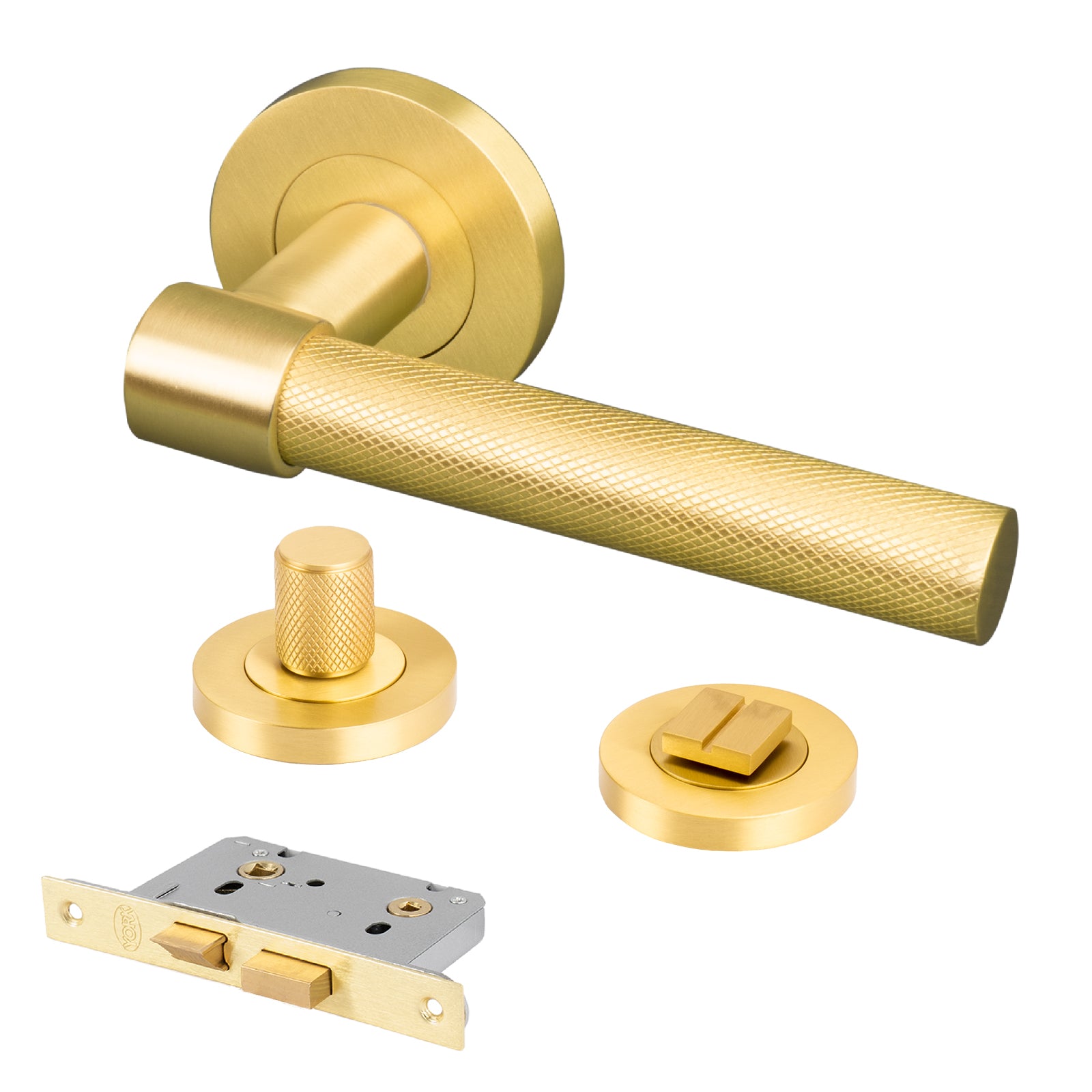 satin brass knurled lever handles bathroom lock set