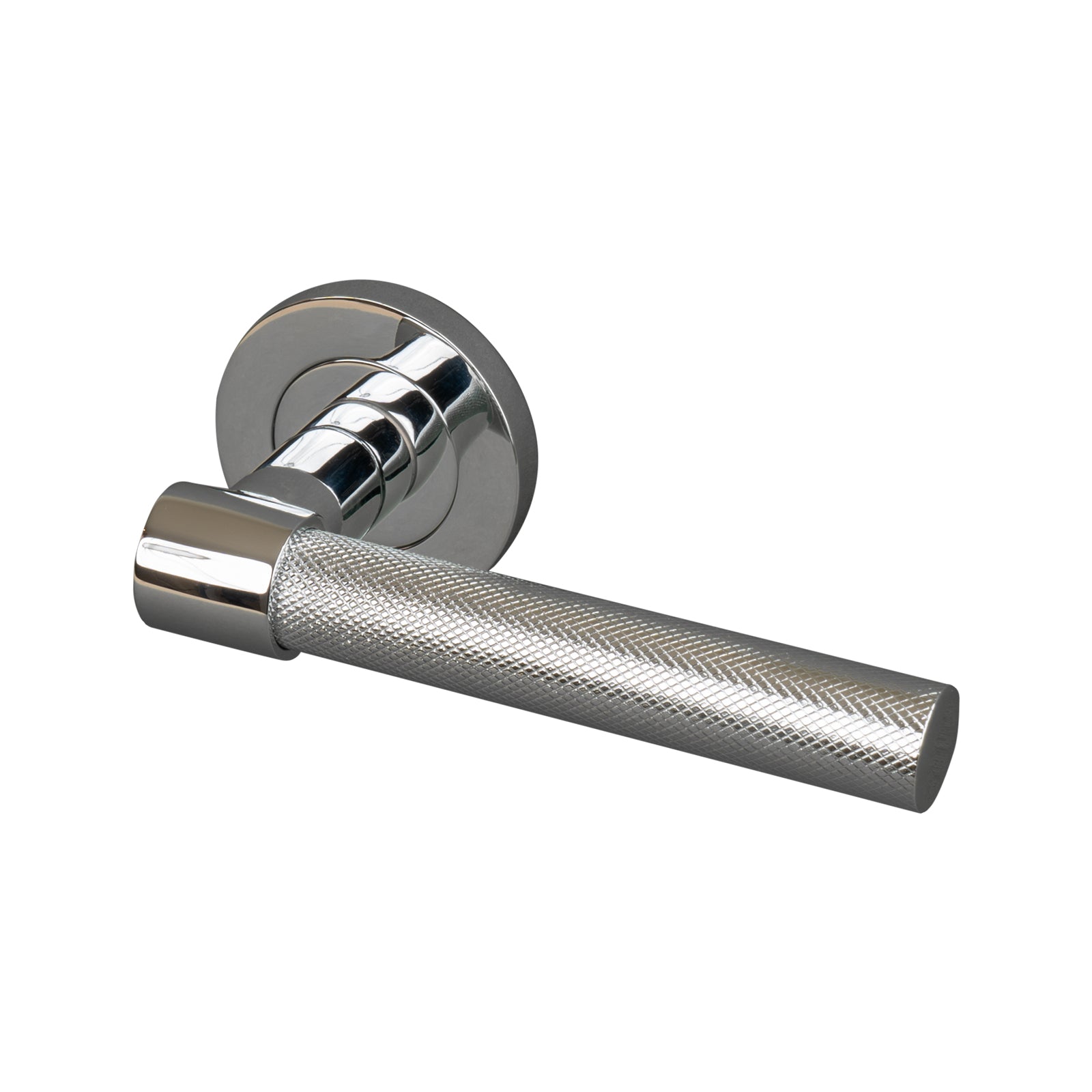 chrome knurled lever on rose door handle SHOW