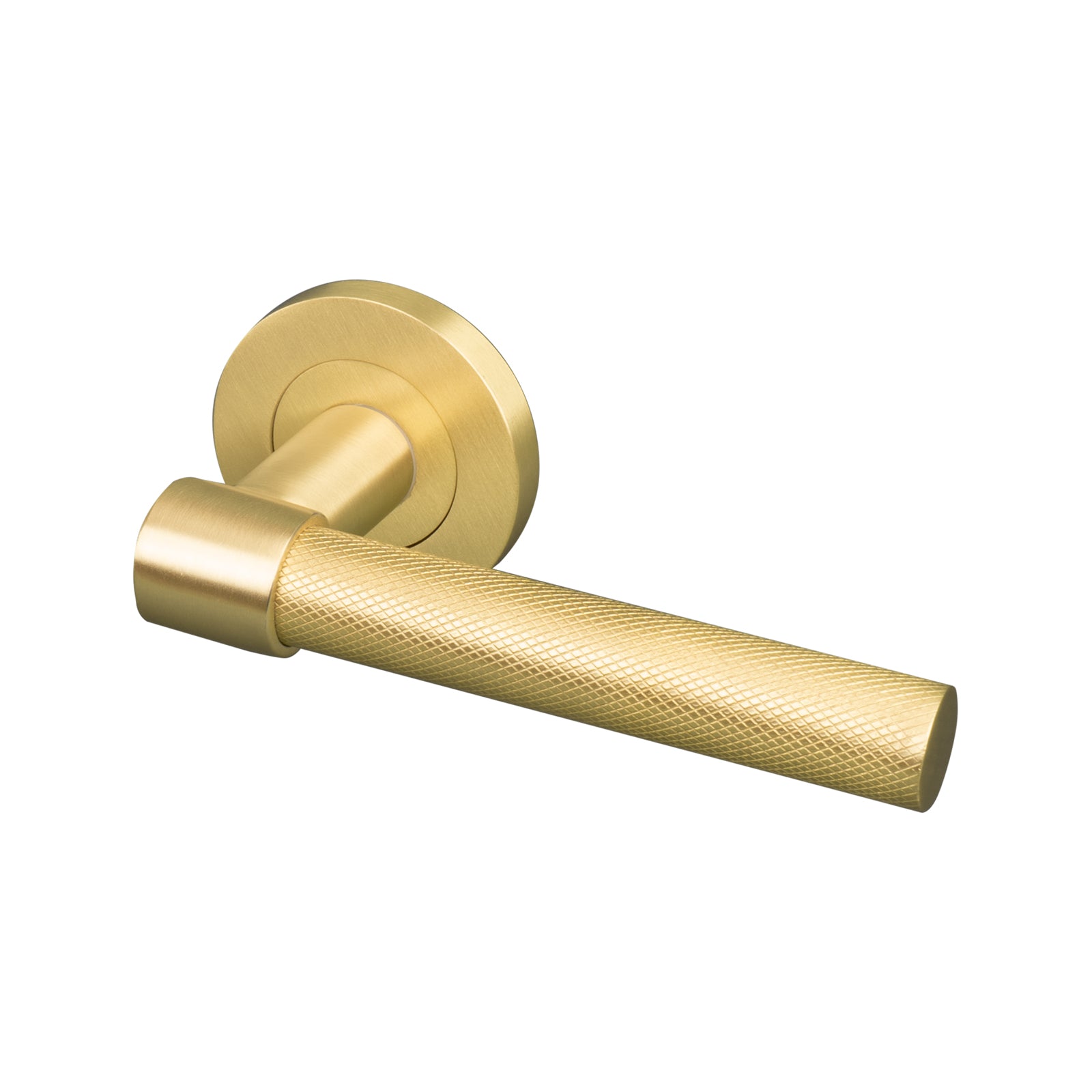 satin brass knurled round rose door handle SHOW