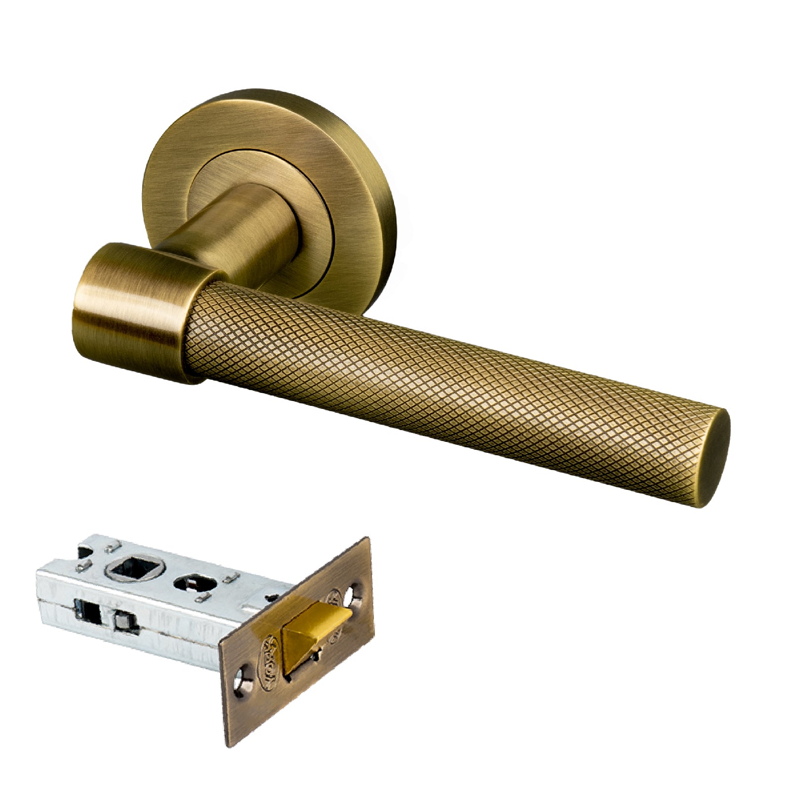 aged brass knurled lever round rose handle 2.5 inch latch set