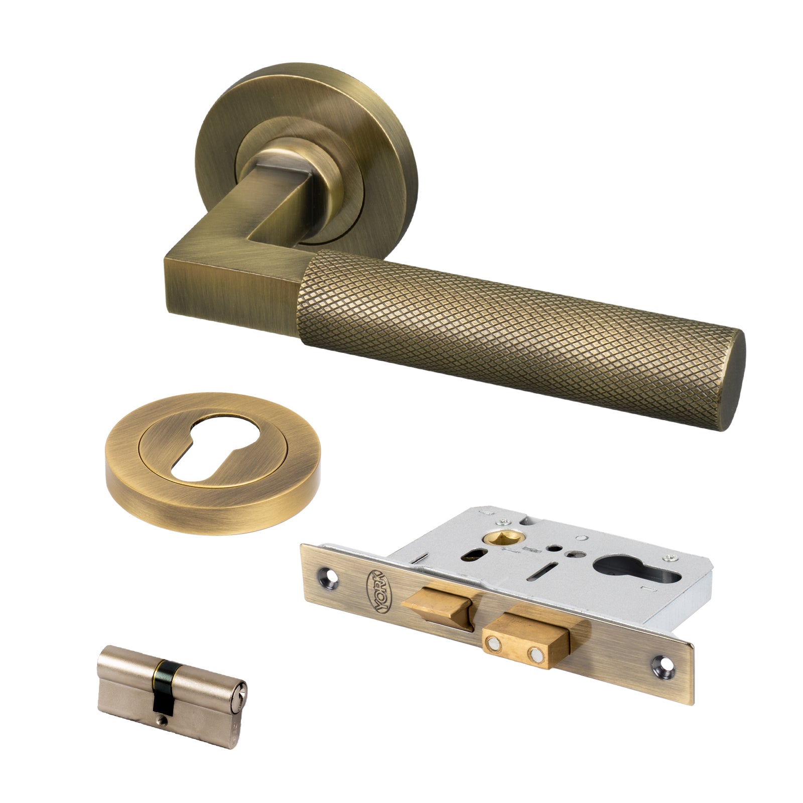brass knurled straight bar lever handle on rose front door lock set
