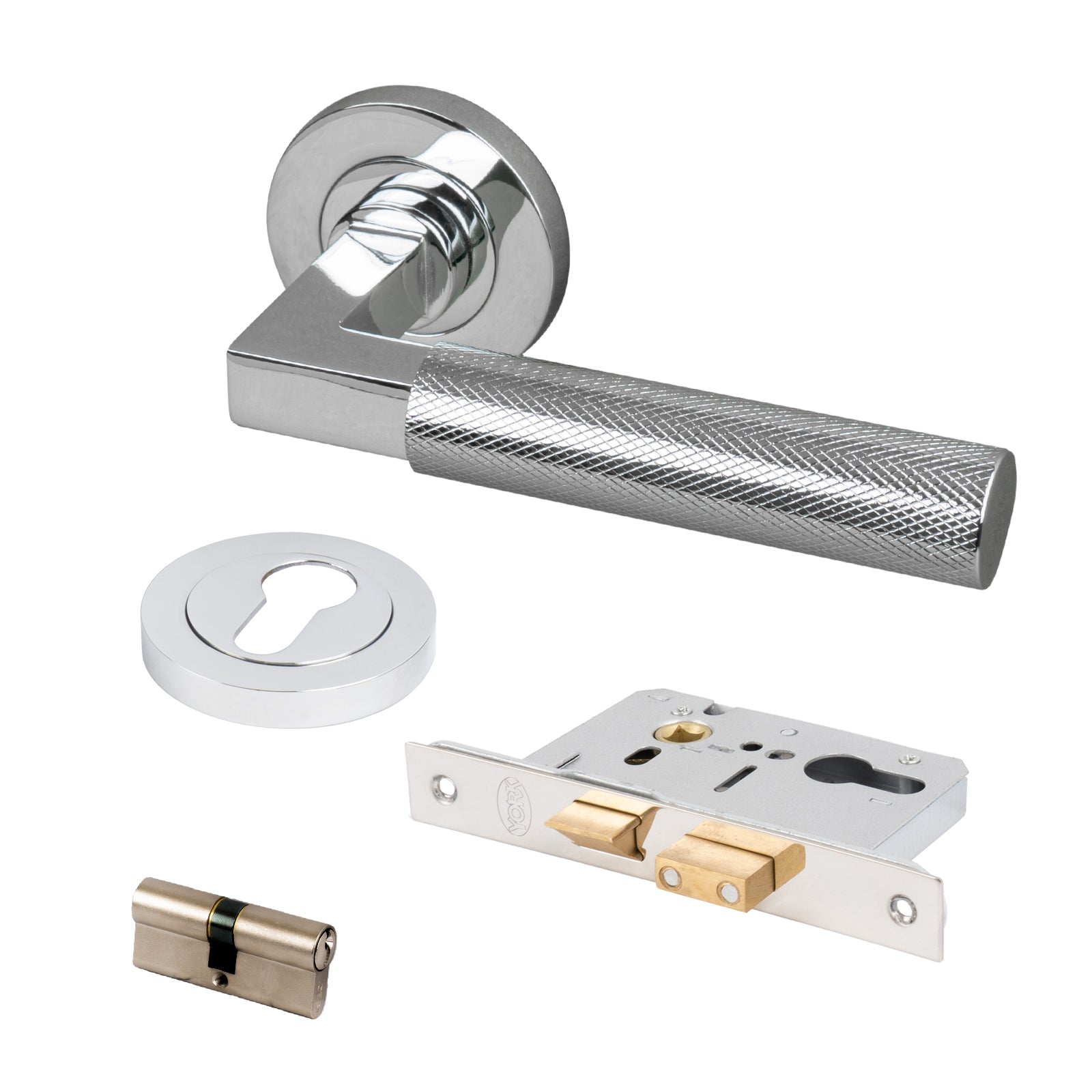chrome knurled straight bar lever handle on rose front door lock set