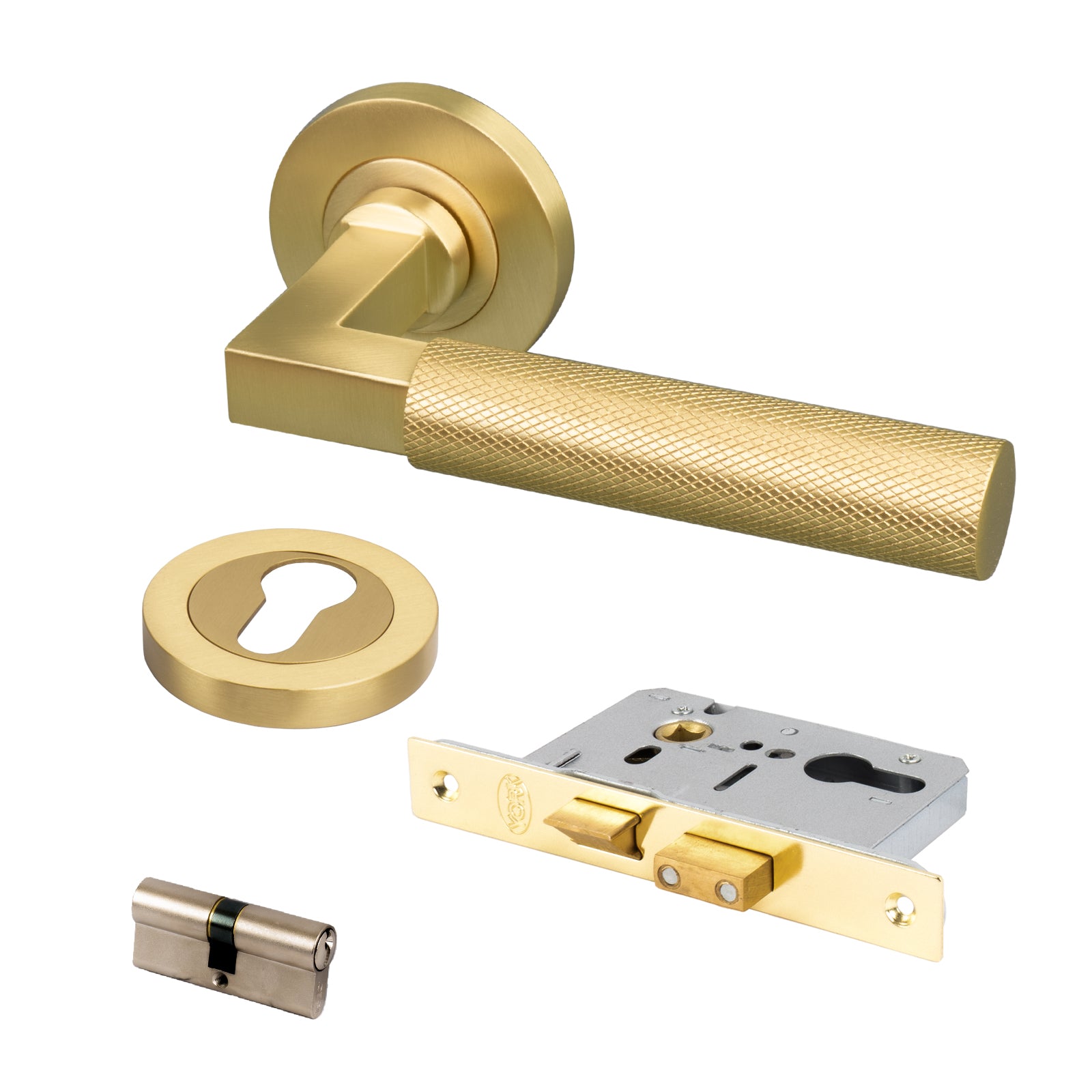 satin brass knurled straight bar lever handle on rose front door lock set