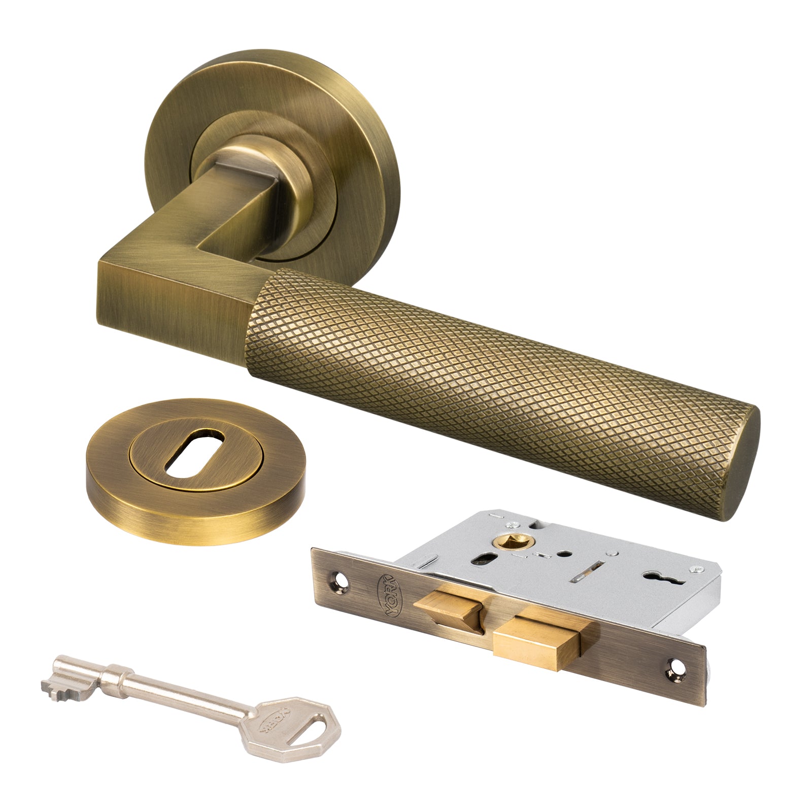 aged brass Signac knurled door handle 3 lever lock set