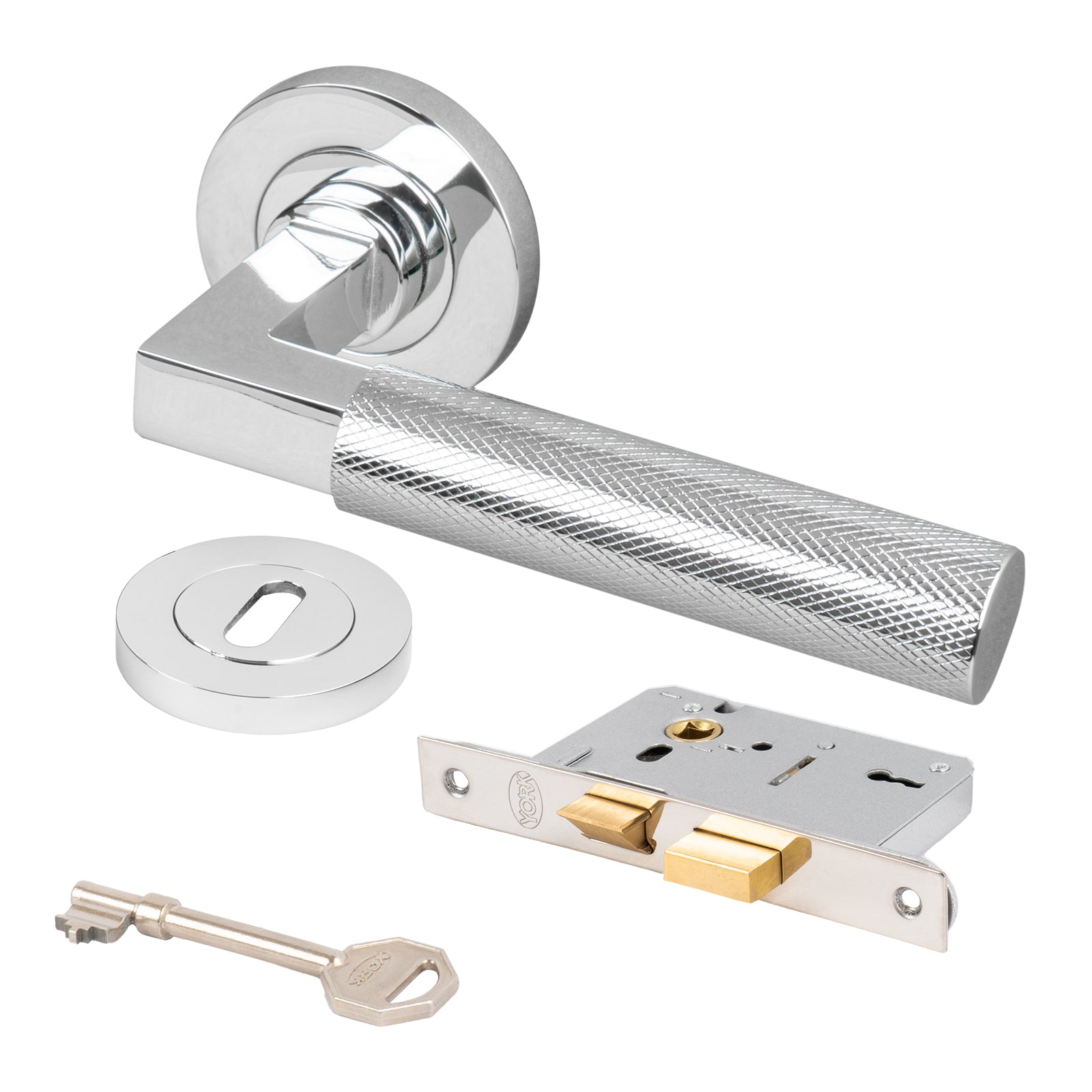 chrome Signac knurled lever on rose handles 3 lever lock set