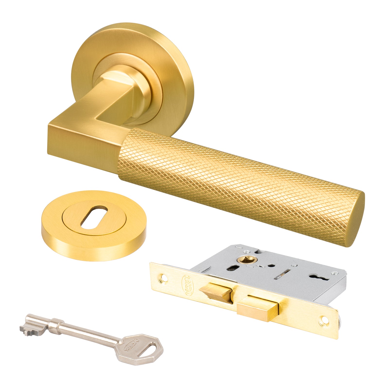 satin brass Signac knurled lever on rose handles internal door lock set