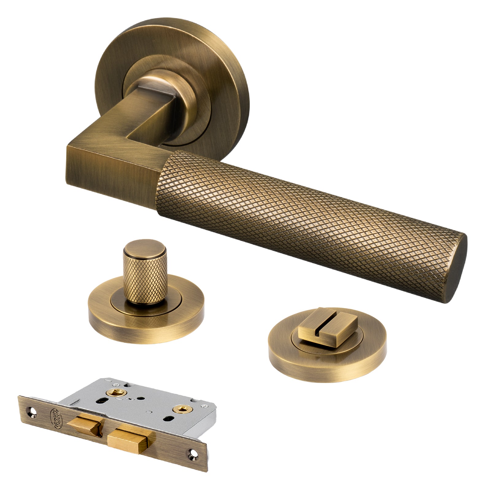 brass knurled straight bar lever handle on rose bathroom latch lock set
