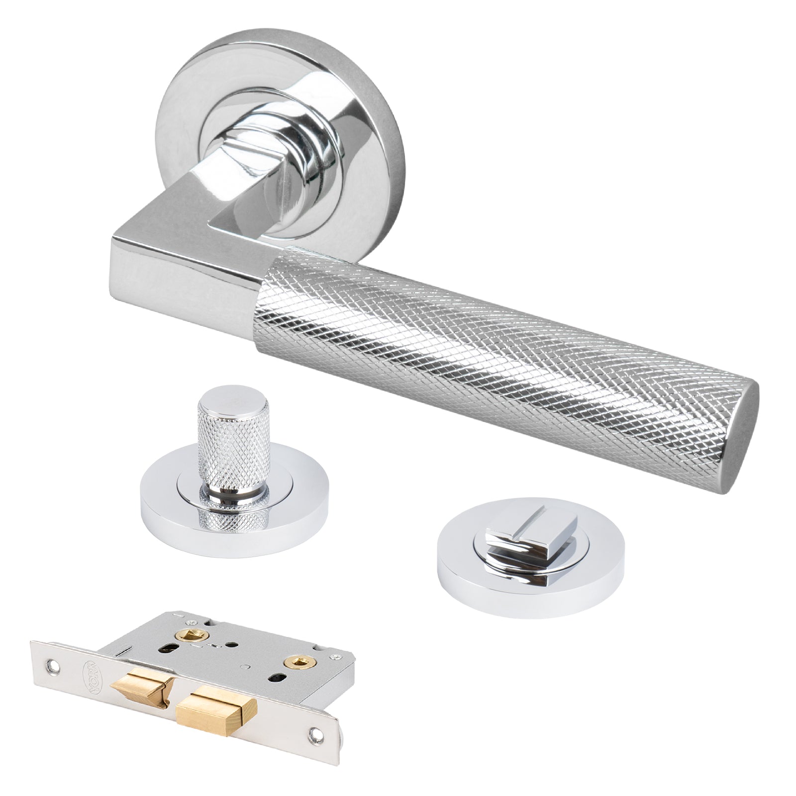 chrome knurled straight bar lever handle on rose bathroom latch lock set