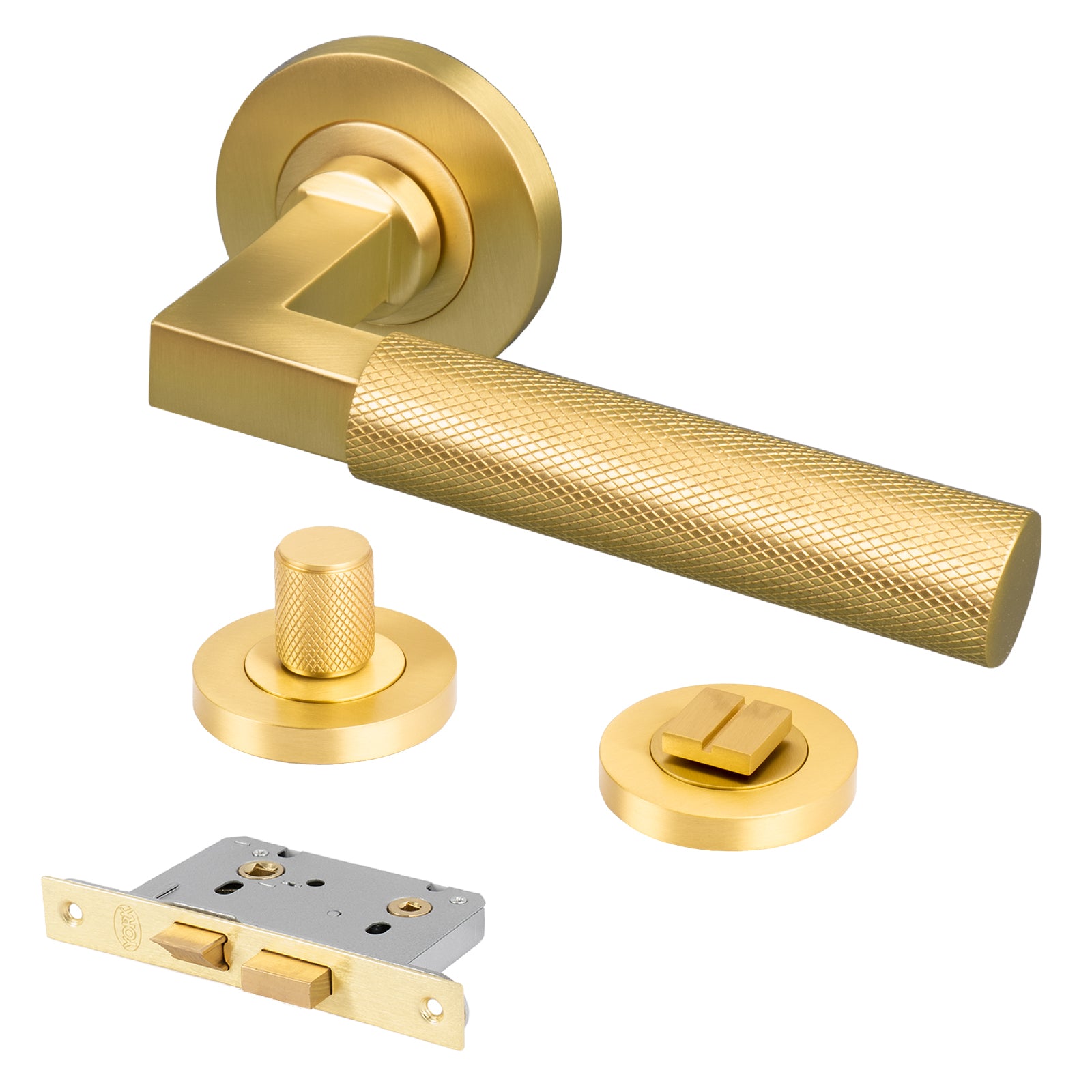 satin brass knurled straight bar lever handle on rose bathroom latch lock set