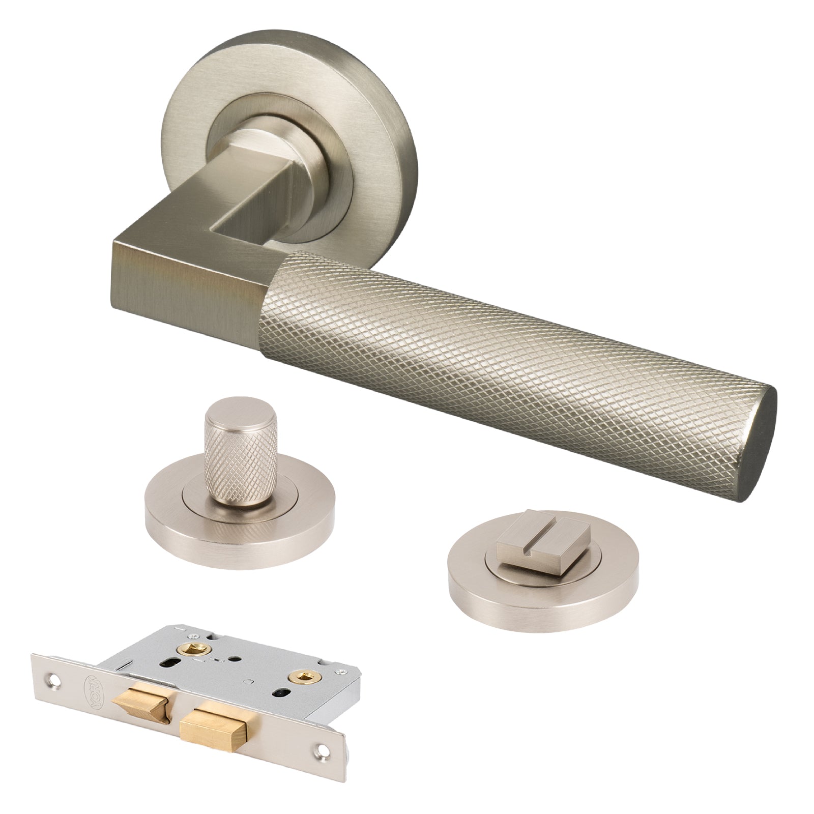 satin nickel knurled straight bar lever handle on rose bathroom latch lock set
