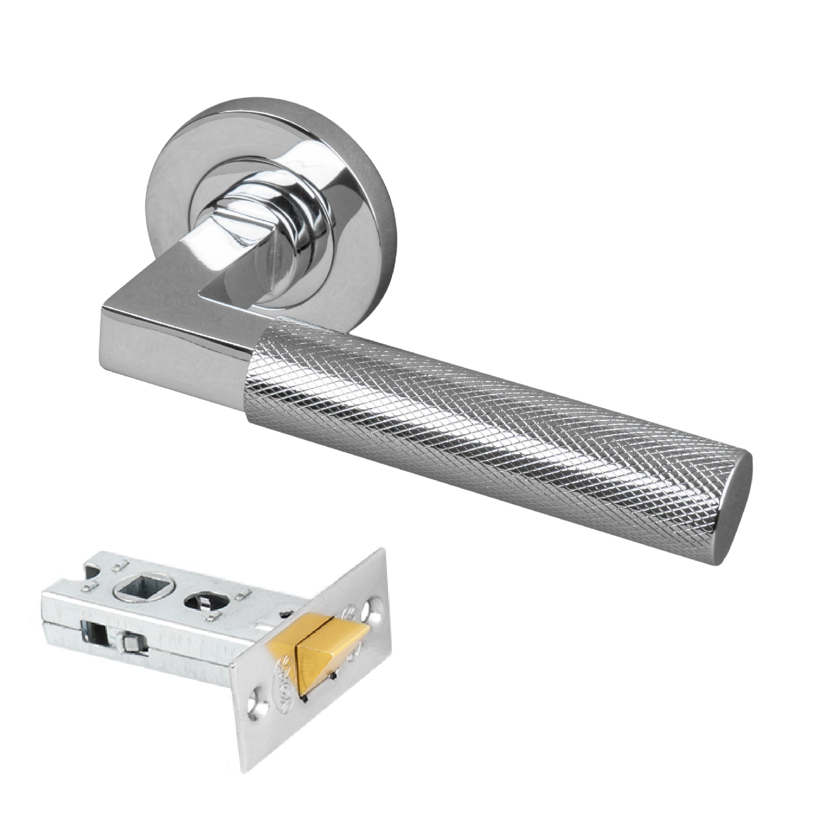 chrome knurled straight bar lever handle on rose 2.5 inch latch set
