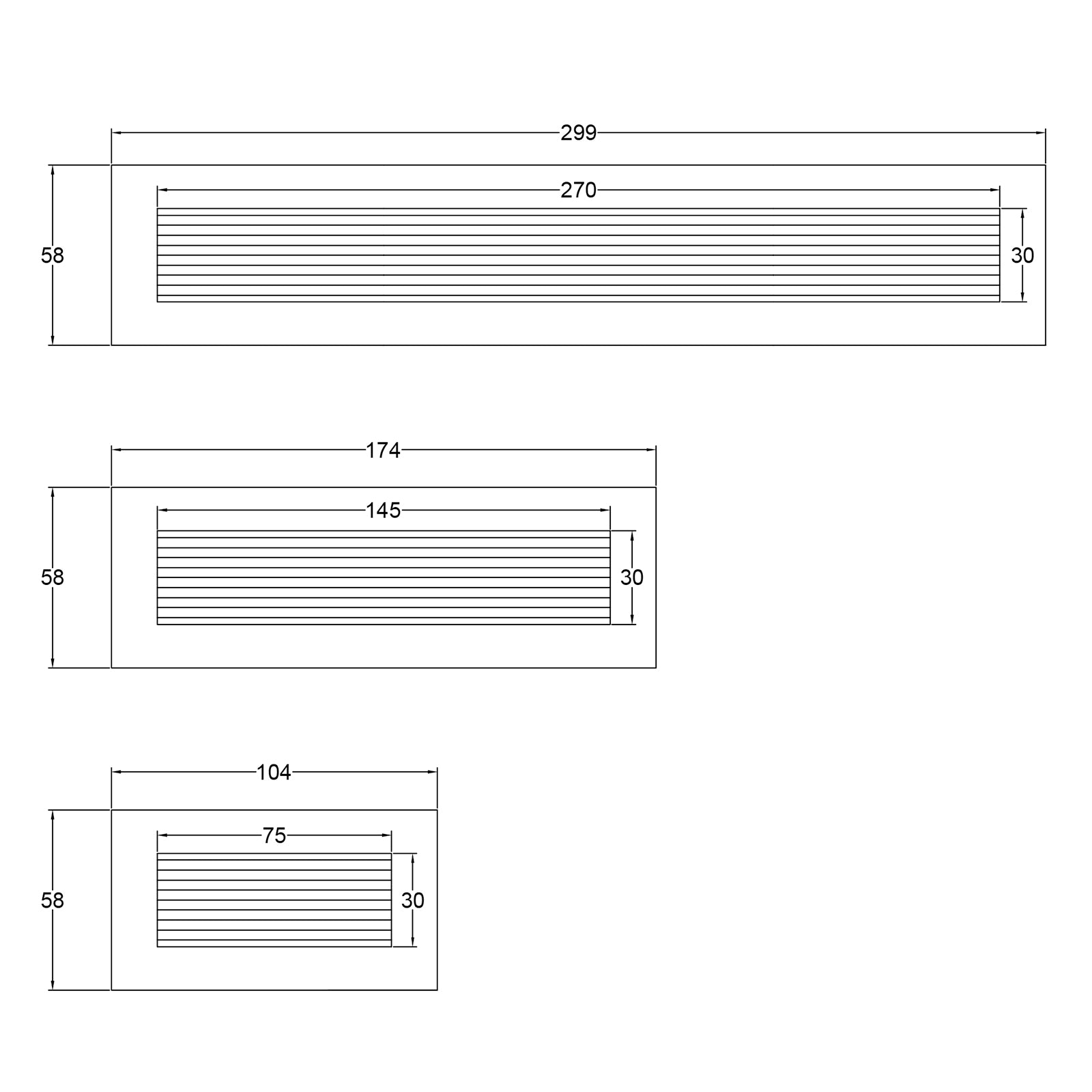 Reeded Rectangular Flush Pull Dimensions Drawing SHOW