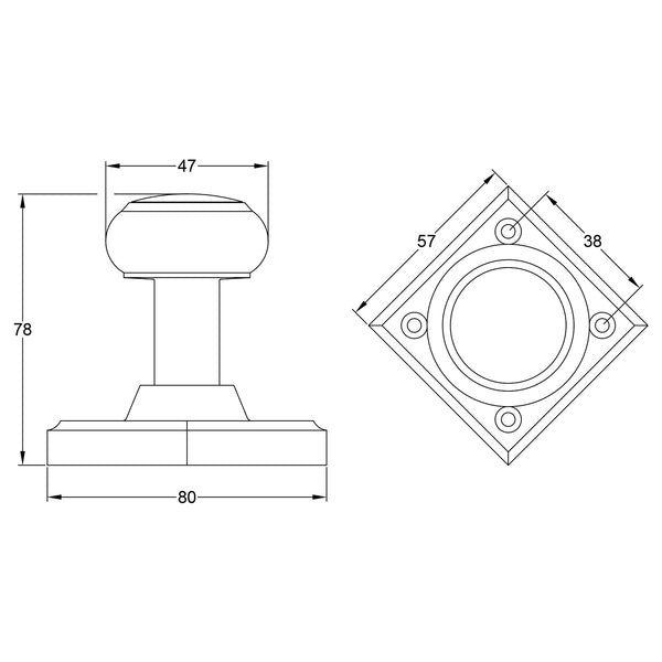 Dmension drawing of Diamond Rose Regency Door Knob SHOW