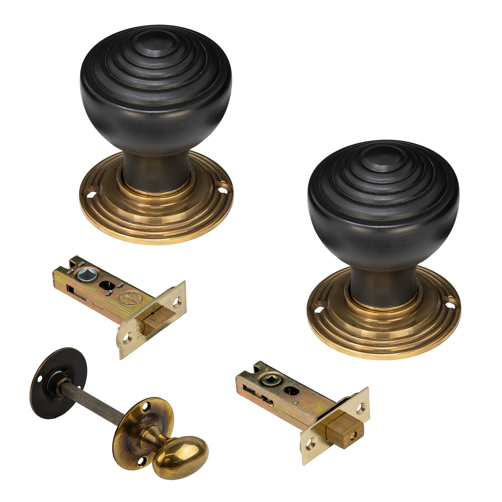 Ringed door knobs ebonised 3 inch bathroom set